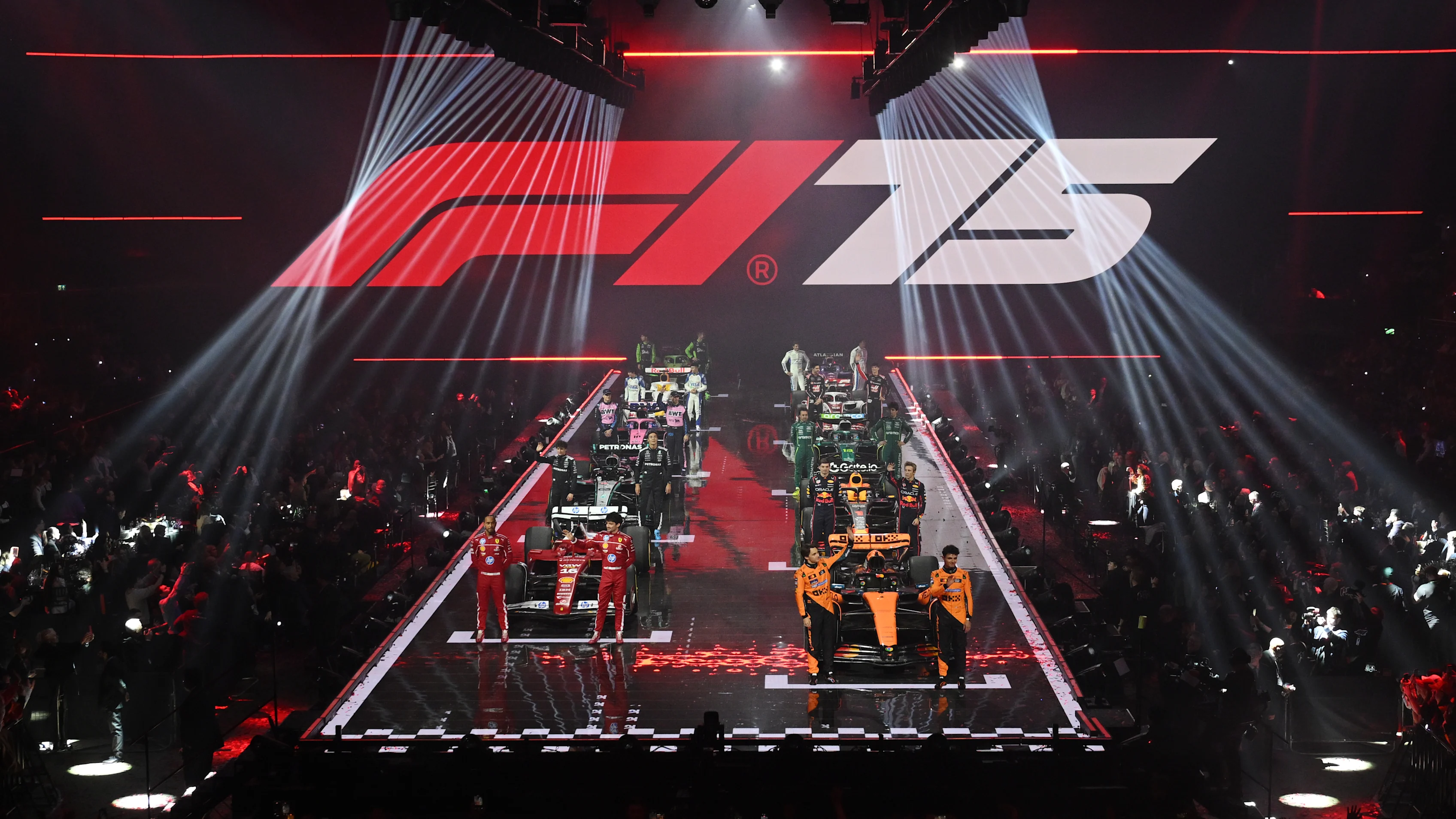 LONDON, ENGLAND - FEBRUARY 18: The 2025 drivers and their cars on stage during F1 75 Live at The O2