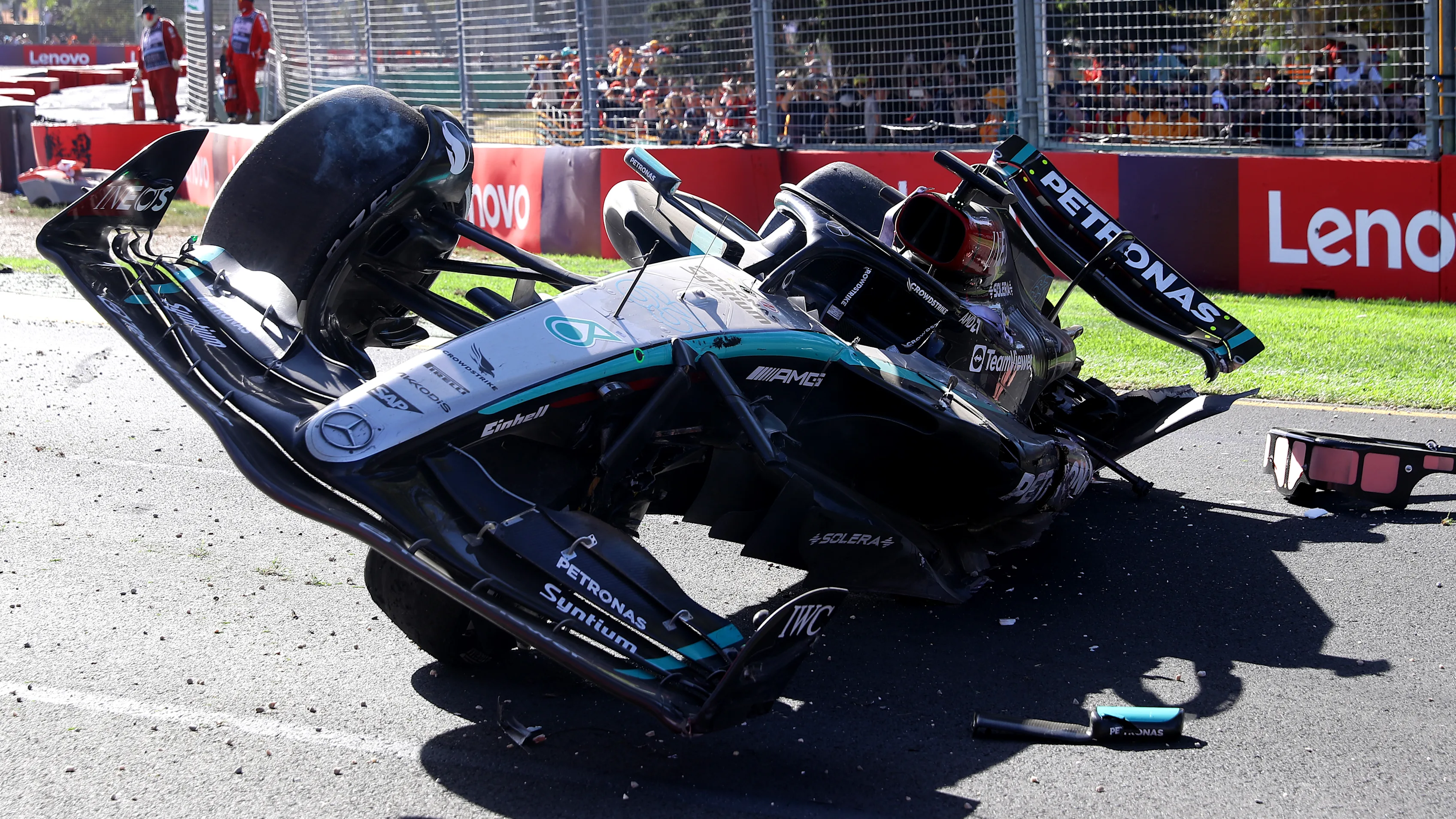 MELBOURNE, AUSTRALIA - MARCH 24: The car of George Russell of Great Britain and Mercedes is seen on