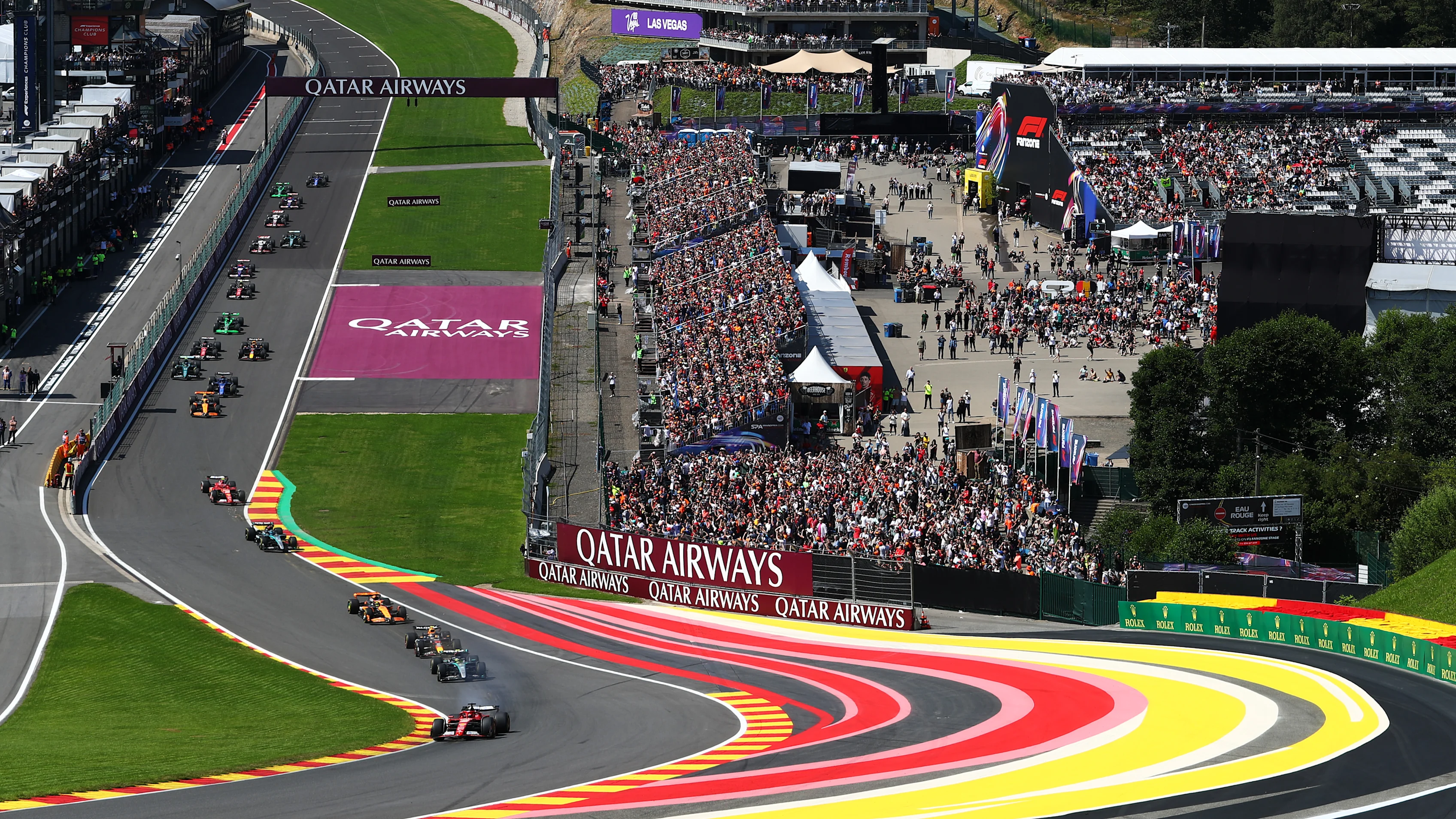 SPA, BELGIUM - JULY 28: Charles Leclerc of Monaco driving the (16) Ferrari SF-24 leads the field up