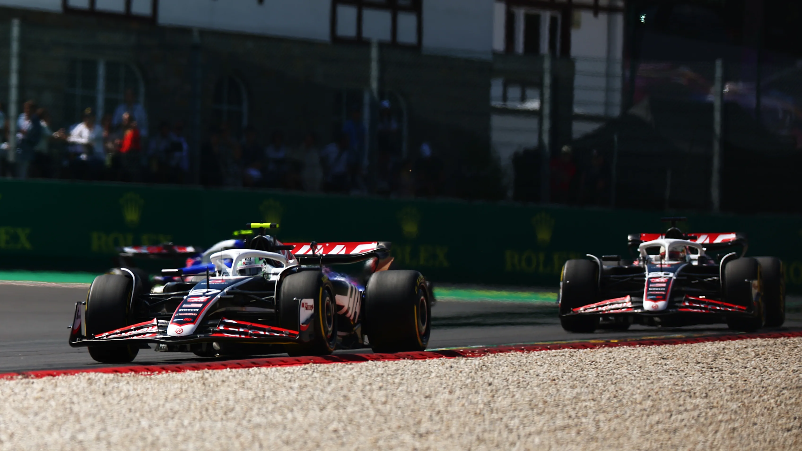 SPA, BELGIUM - JULY 28: Nico Hulkenberg of Germany driving the (27) Haas F1 VF-24 Ferrari leads