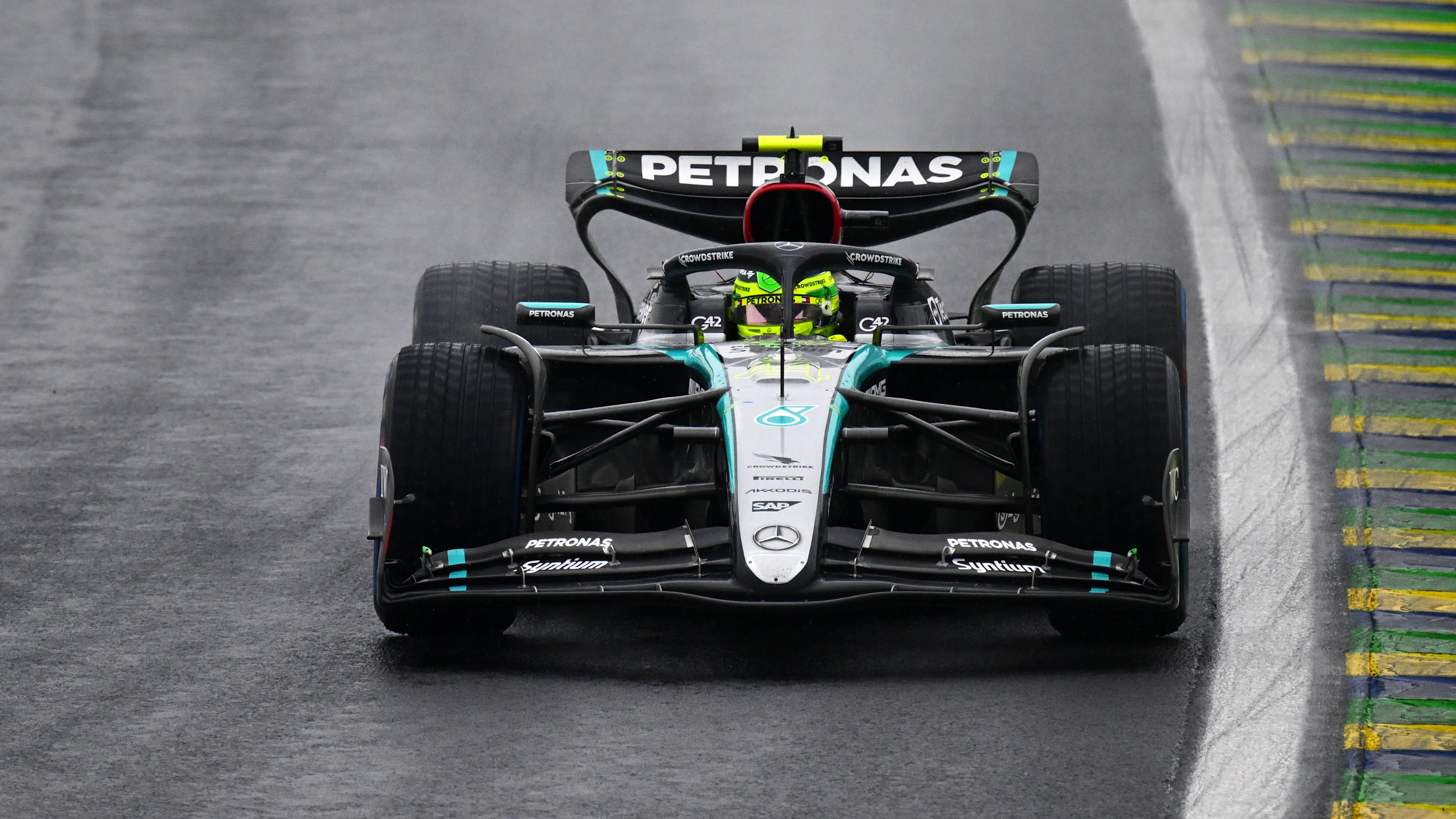 SAO PAULO, BRAZIL - NOVEMBER 03: Lewis Hamilton of Great Britain driving the (44) Mercedes AMG