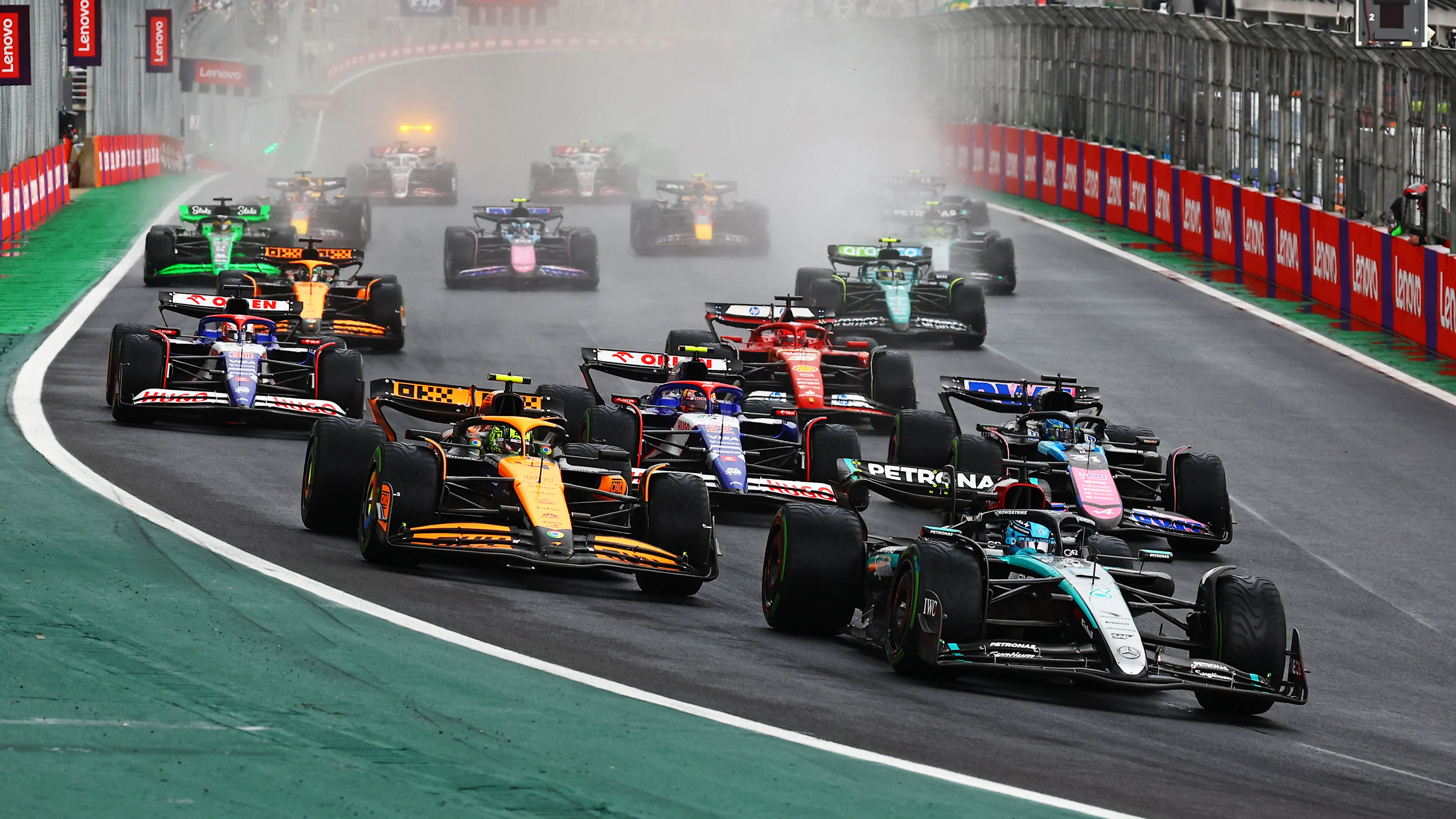 SAO PAULO, BRAZIL - NOVEMBER 03: George Russell of Great Britain driving the (63) Mercedes AMG