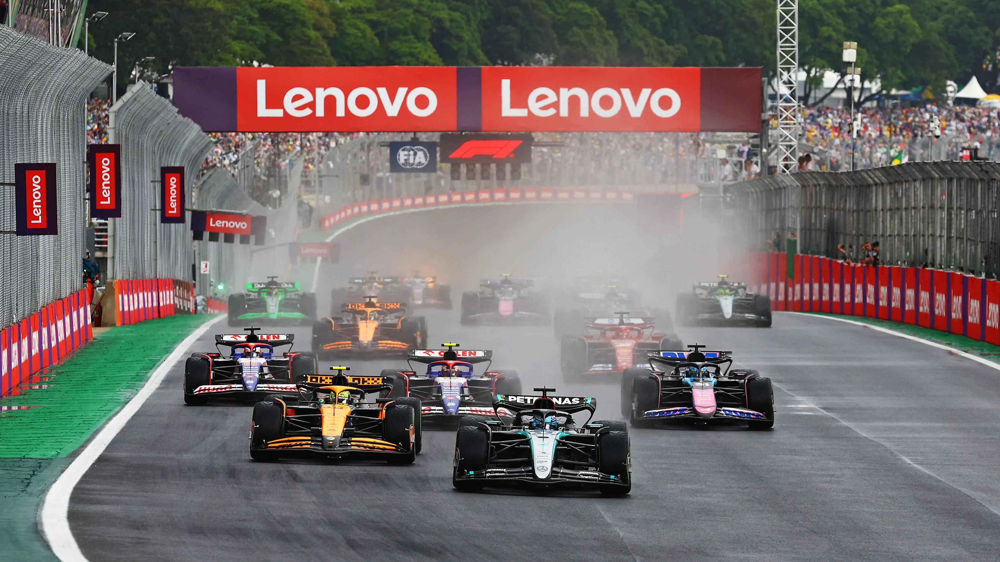 SAO PAULO, BRAZIL - NOVEMBER 03: George Russell of Great Britain driving the (63) Mercedes AMG