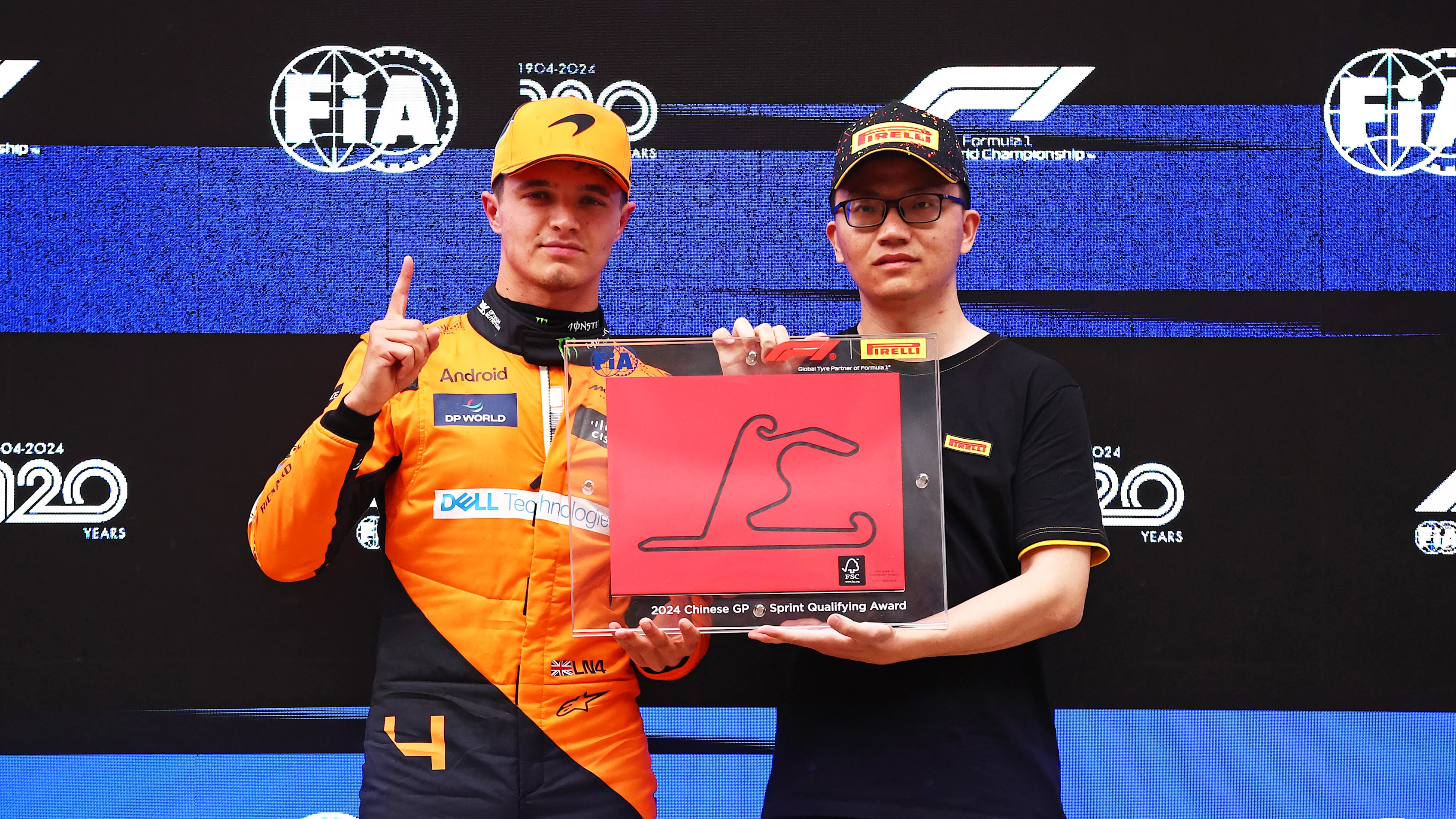 SHANGHAI, CHINA - APRIL 19: Sprint pole qualifier Lando Norris of Great Britain and McLaren