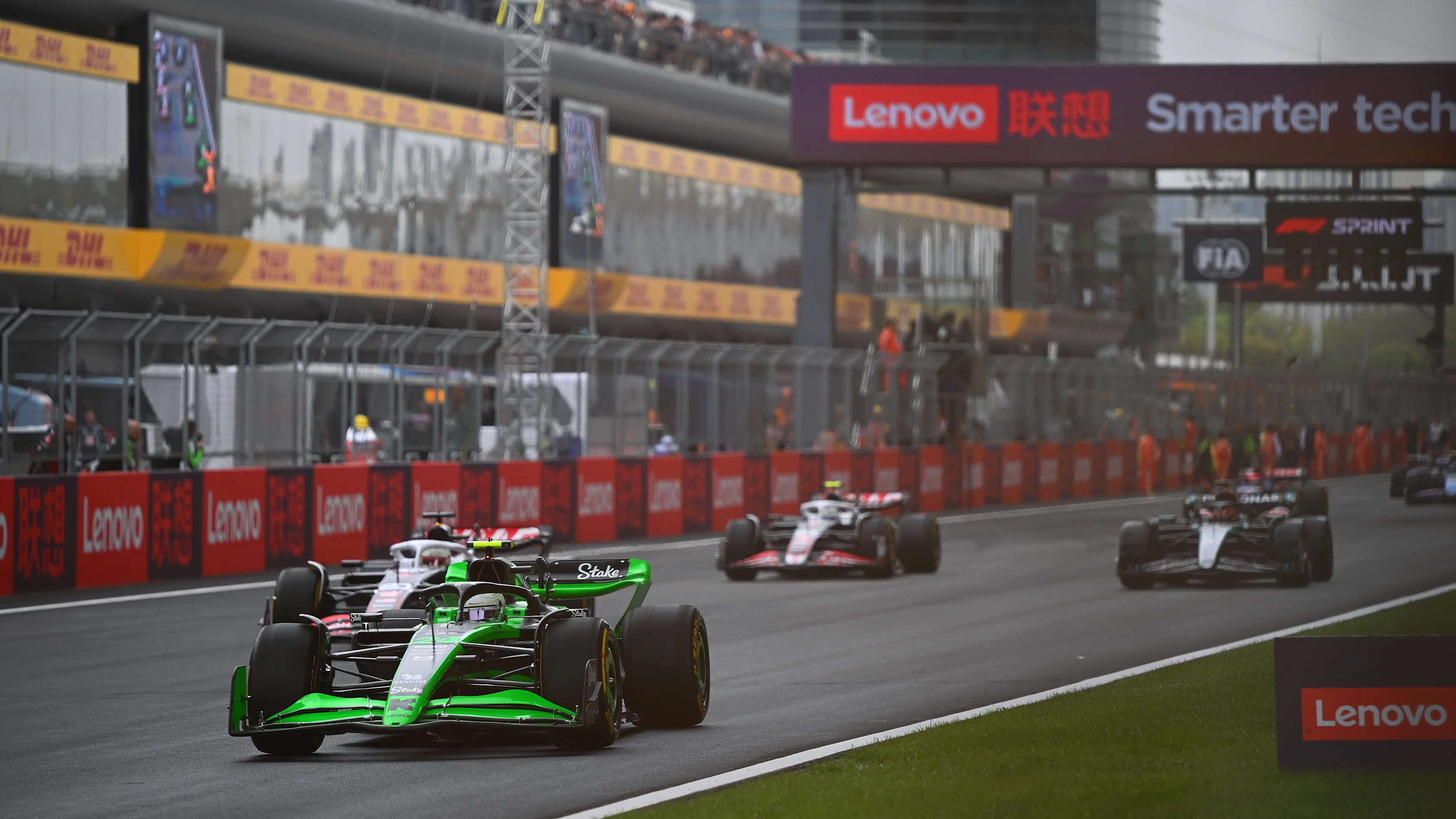 SHANGHAI, CHINA - APRIL 20: Zhou Guanyu of China driving the (24) Kick Sauber C44 Ferrari leads
