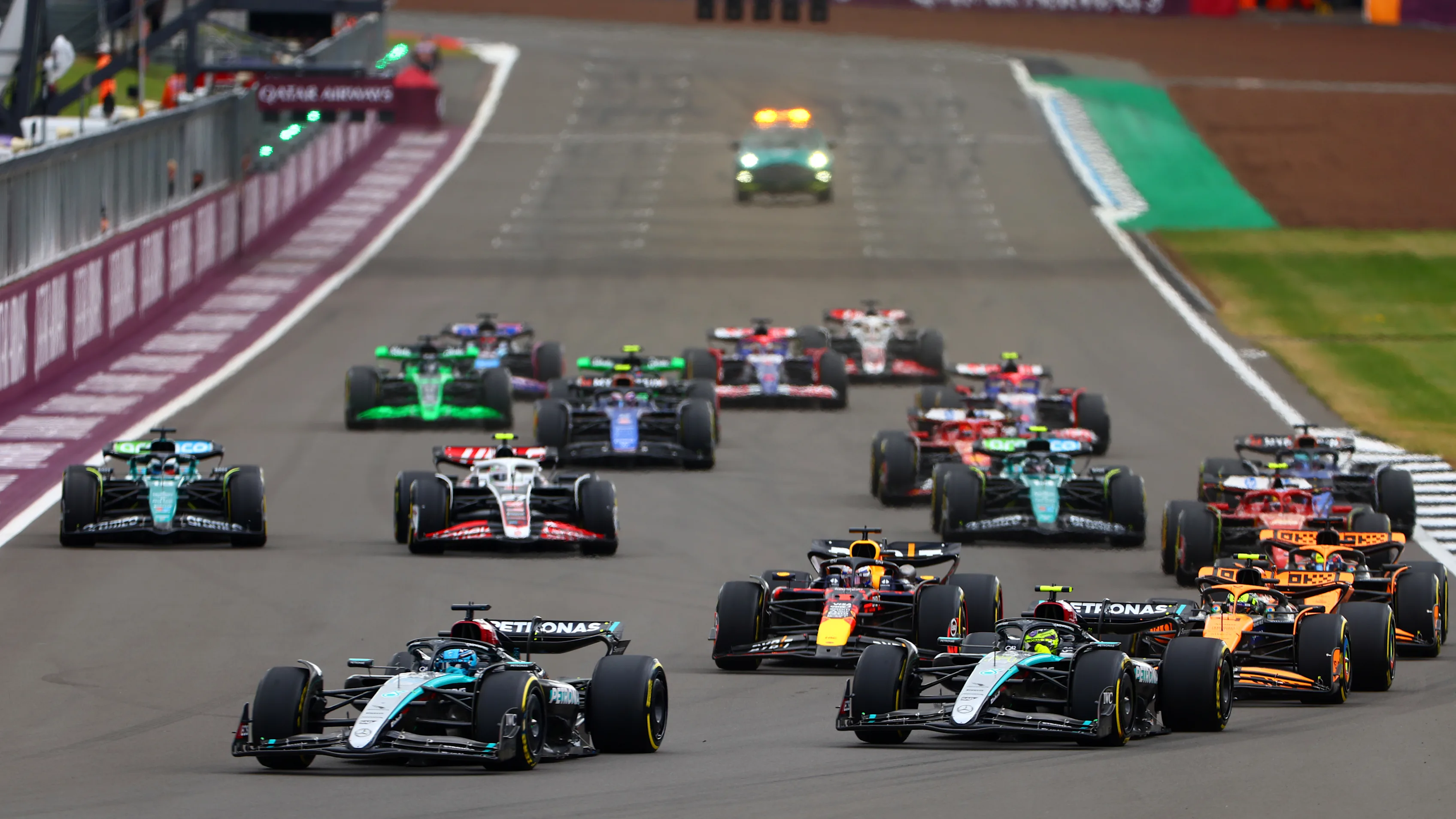 NORTHAMPTON, ENGLAND - JULY 07: George Russell of Great Britain driving the (63) Mercedes AMG