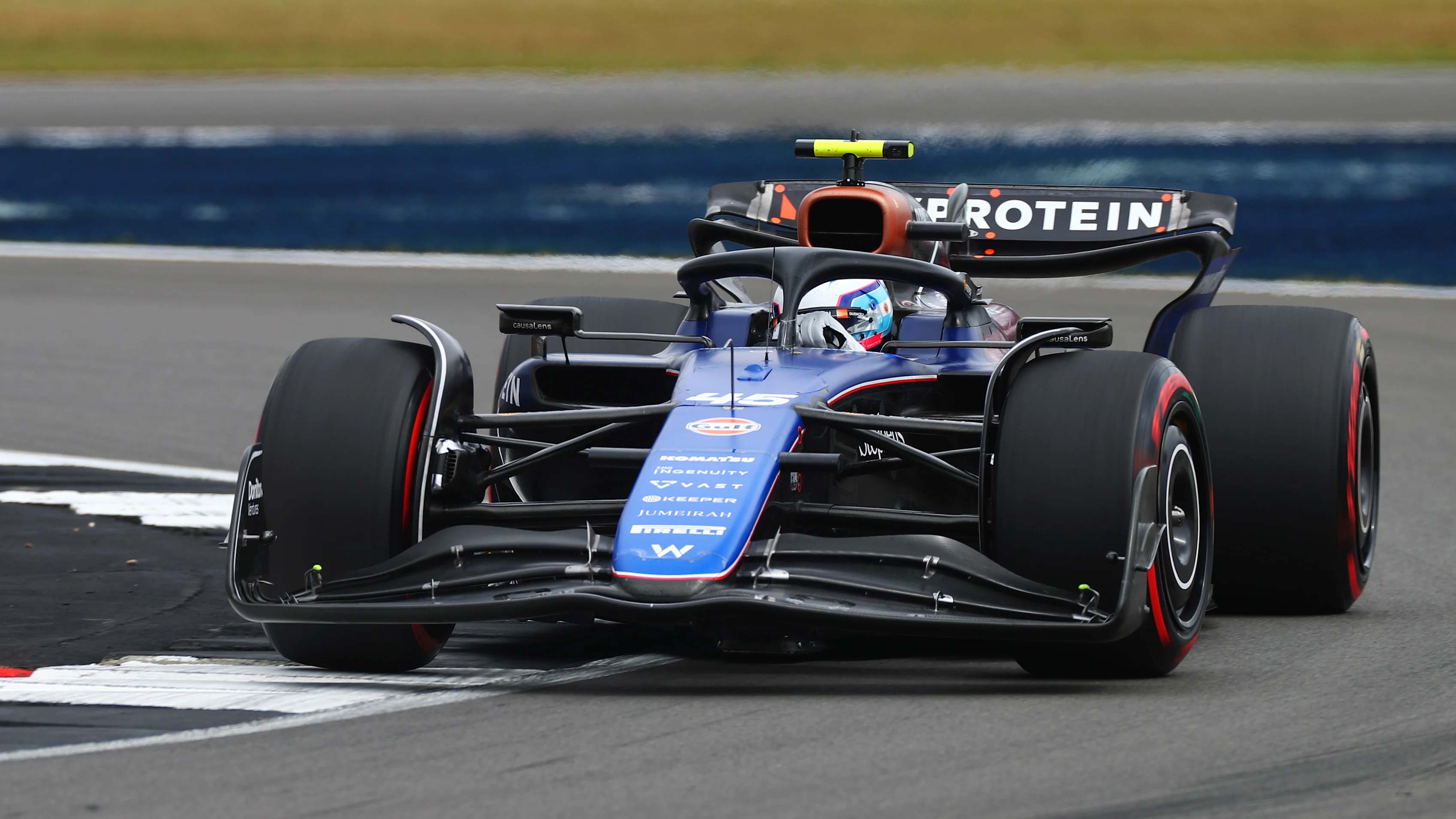 NORTHAMPTON, ENGLAND - JULY 05: Franco Colapinto of Argentina driving the (45) Williams FW45 Mercedes on track  during practice ahead of the F1 Grand Prix of Great Britain at Silverstone Circuit on July 05, 2024 in Northampton, England. (Photo by Peter Fox - Formula 1/Formula 1 via Getty Images)