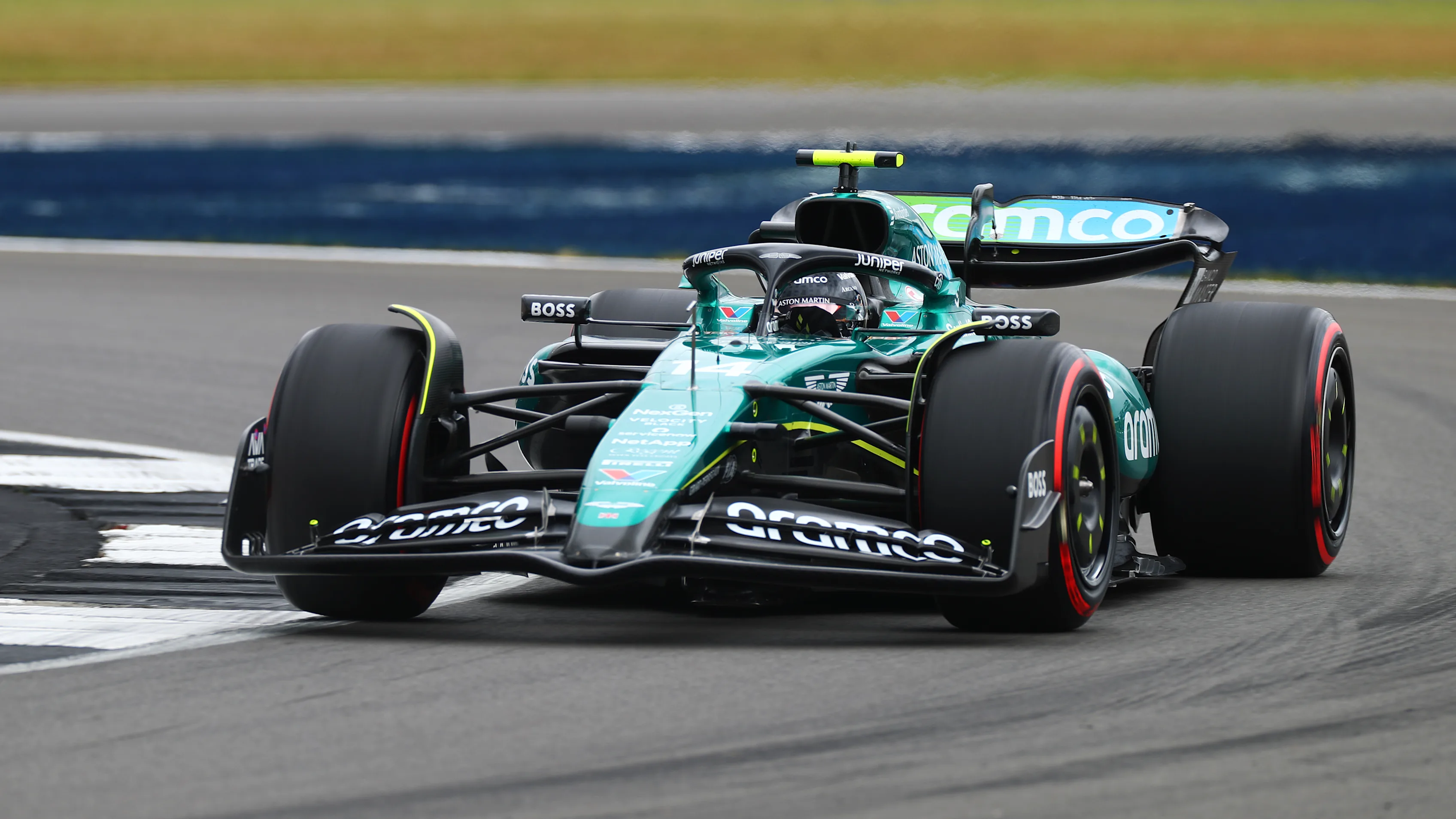 NORTHAMPTON, ENGLAND - JULY 05: Fernando Alonso of Spain driving the (14) Aston Martin AMR24 Mercedes on track during practice ahead of the F1 Grand Prix of Great Britain at Silverstone Circuit on July 05, 2024 in Northampton, England. (Photo by Peter Fox - Formula 1/Formula 1 via Getty Images)