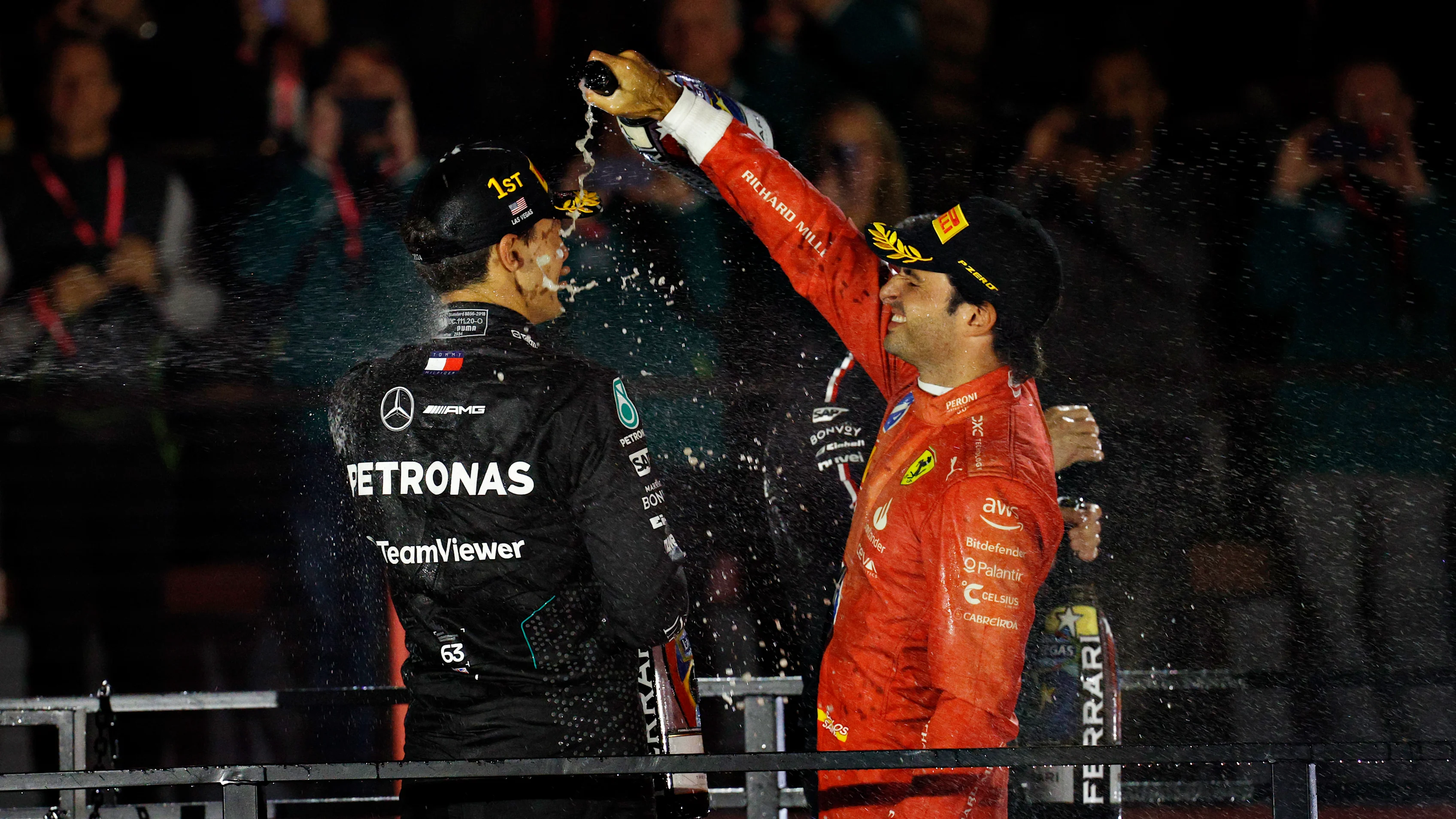 LAS VEGAS, NEVADA - NOVEMBER 23: Race winner George Russell of Great Britain and Mercedes and Third
