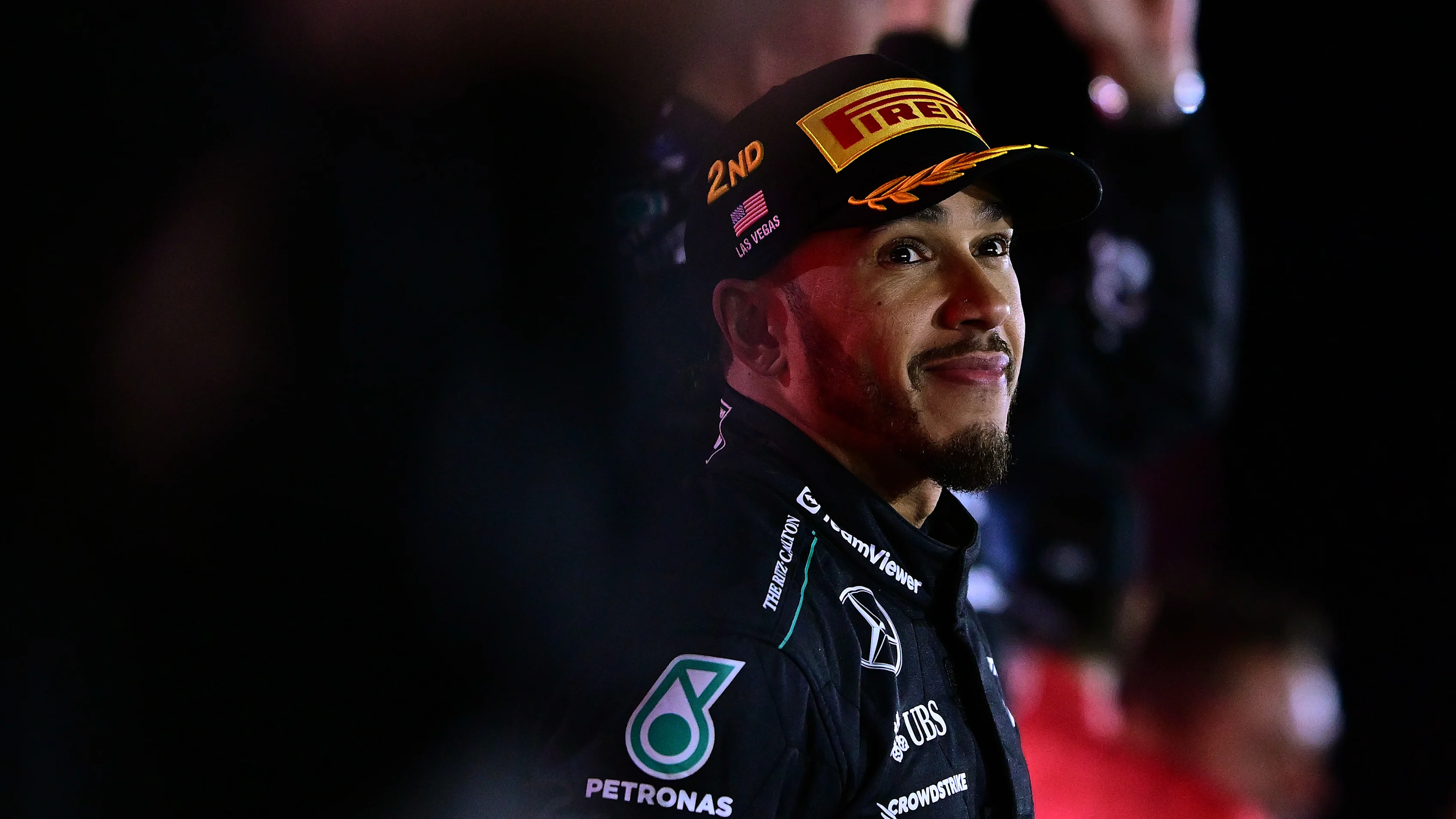 LAS VEGAS, NEVADA - NOVEMBER 23: Second placed Lewis Hamilton of Great Britain and Mercedes