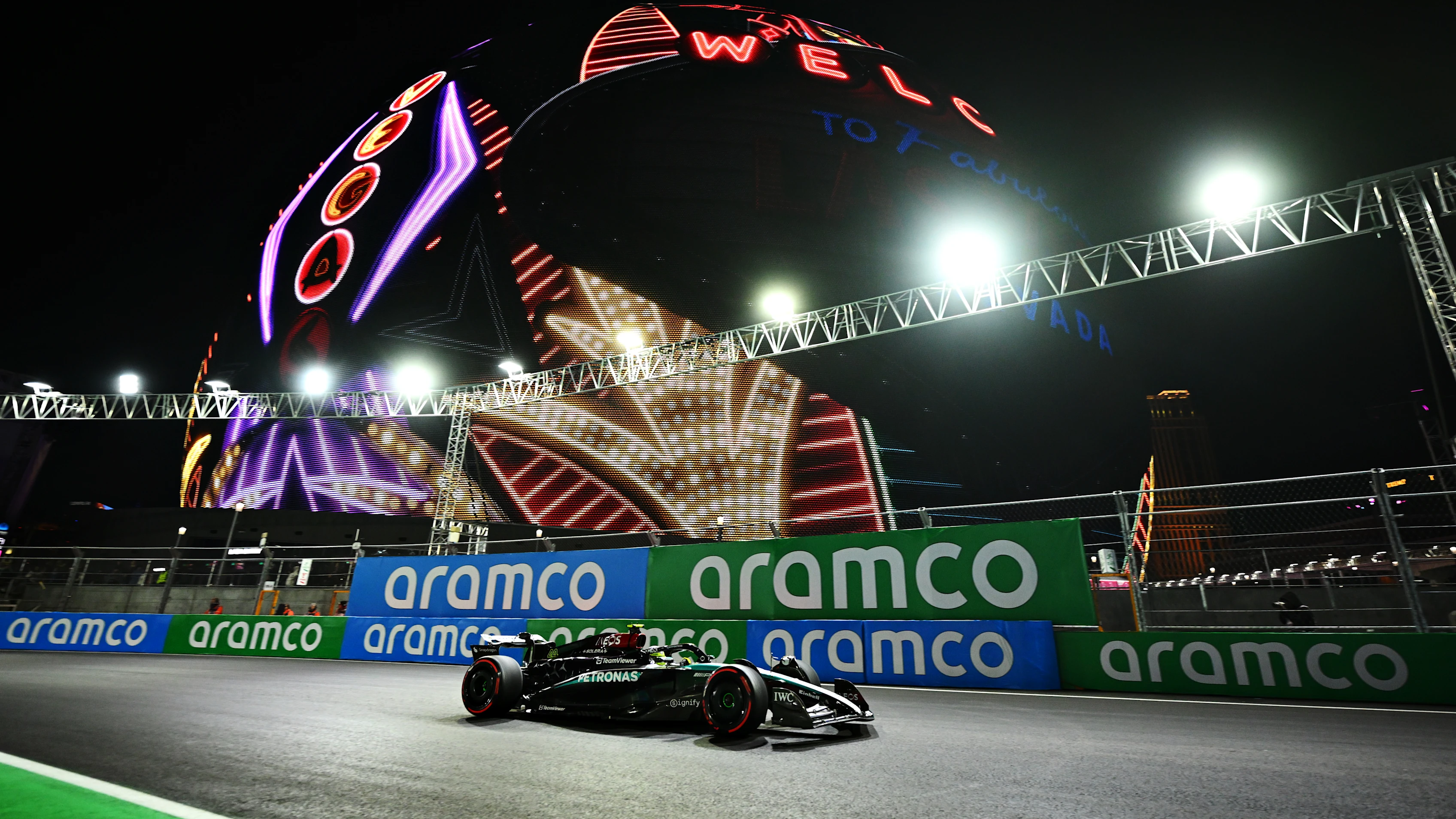 LAS VEGAS, NEVADA - NOVEMBER 22: Lewis Hamilton of Great Britain driving the (44) Mercedes AMG Petronas F1 Team W15 on track during qualifying ahead of the F1 Grand Prix of Las Vegas at Las Vegas Strip Circuit on November 22, 2024 in Las Vegas, Nevada.