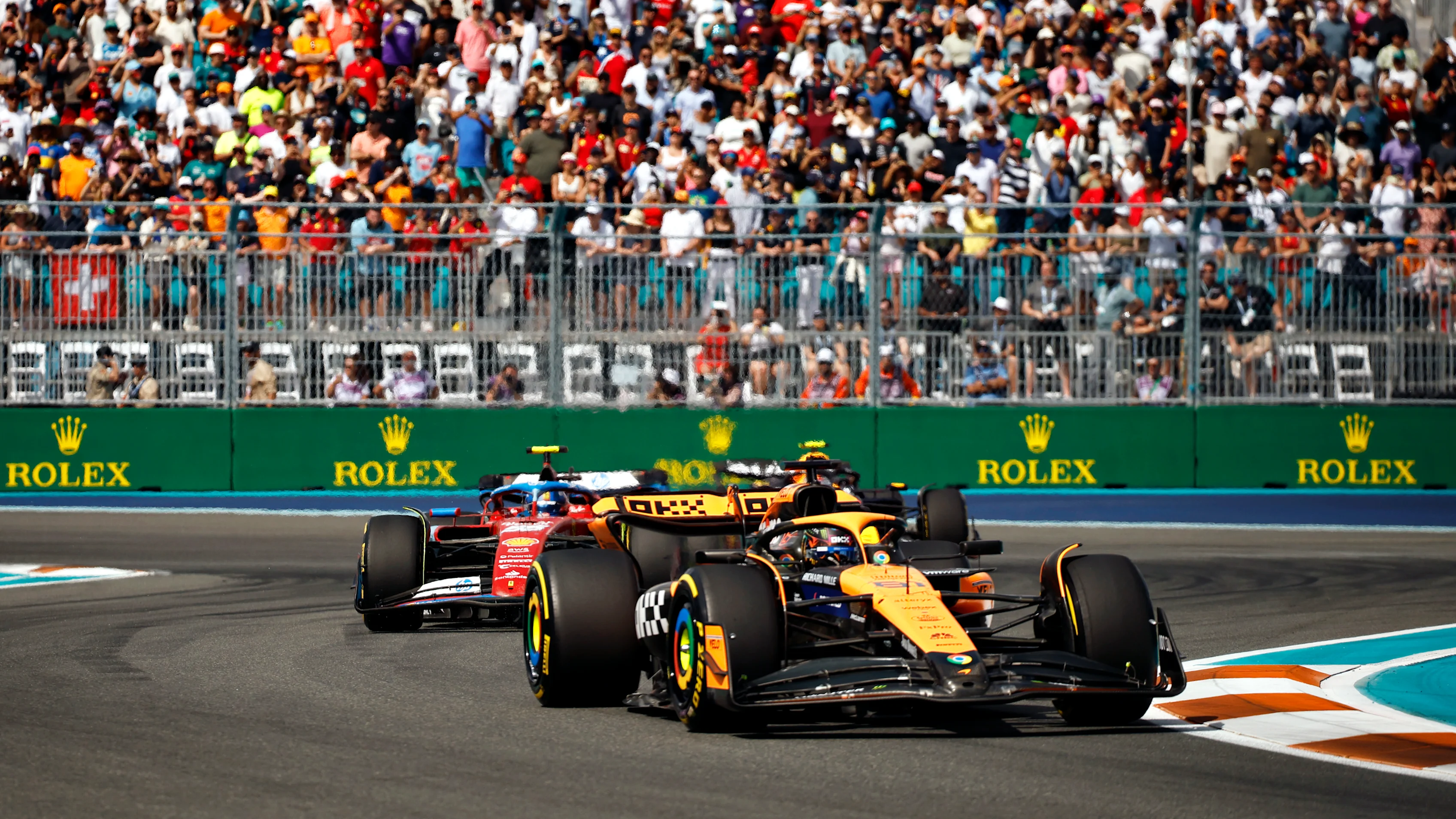 MIAMI, FLORIDA - MAY 05: Oscar Piastri of Australia driving the (81) McLaren MCL38 Mercedes leads