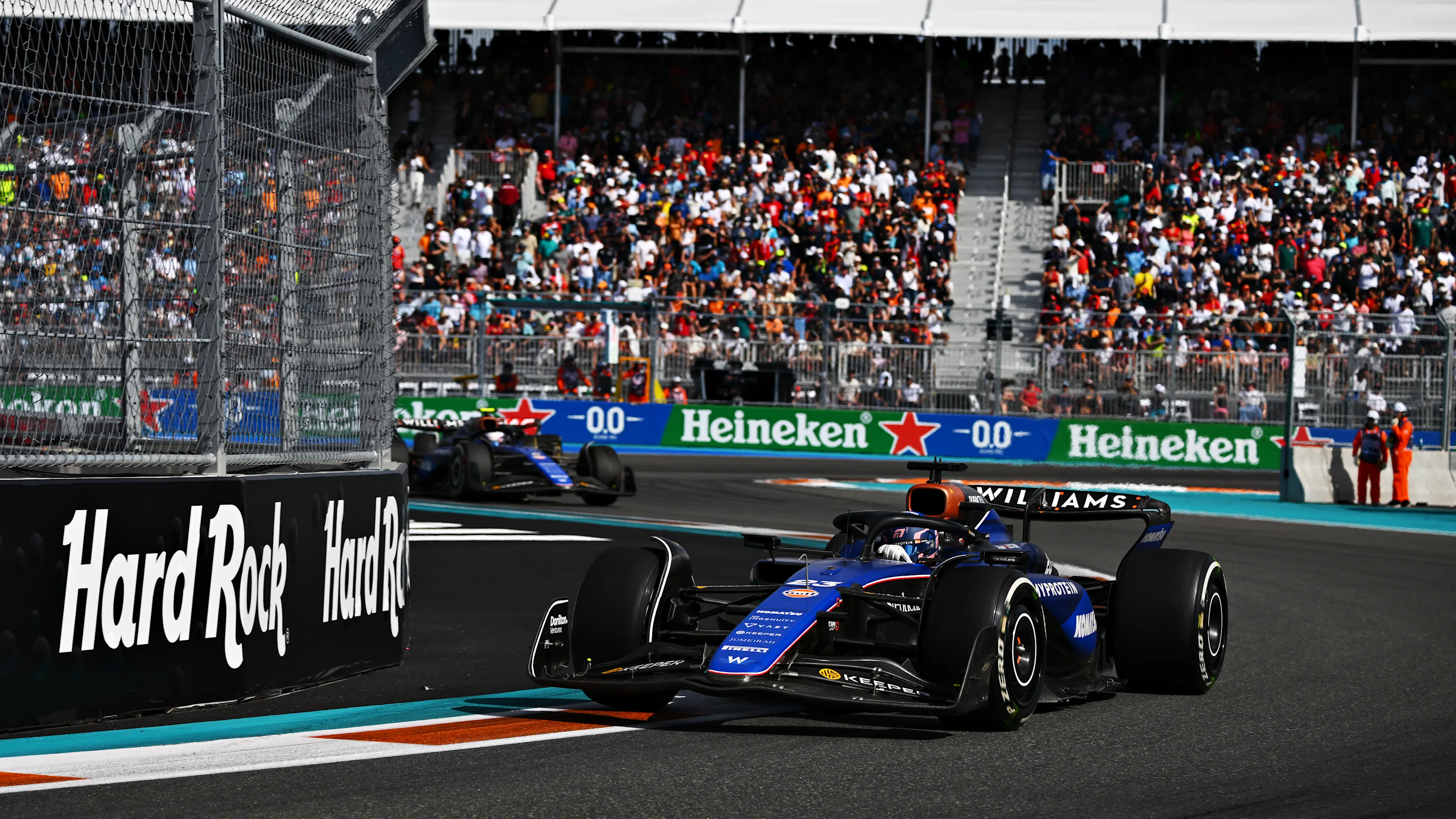 MIAMI, FLORIDA - MAY 05: Alexander Albon of Thailand driving the (23) Williams FW46 Mercedes leads