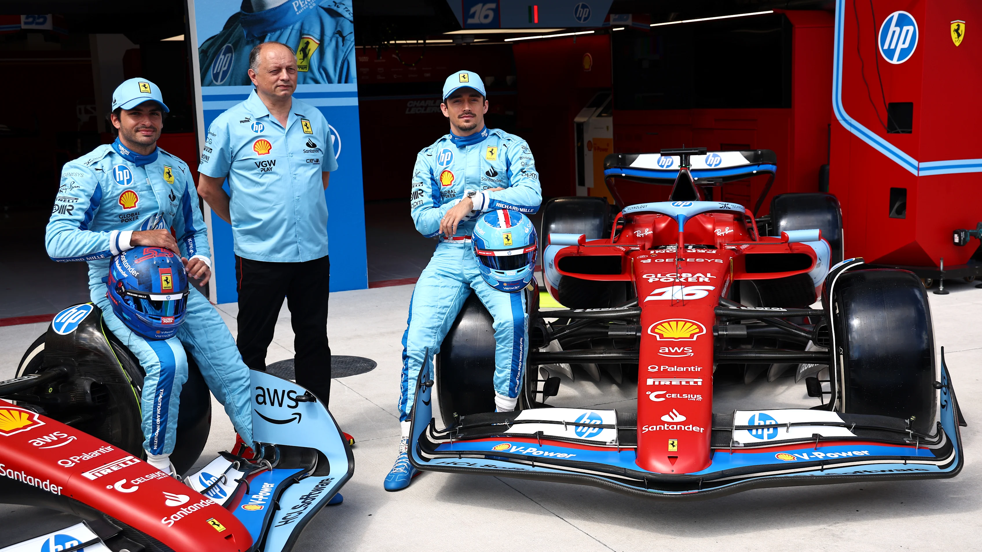 MIAMI, FLORIDA - MAY 02: The Miami livieried cars of Charles Leclerc of Monaco and Ferrari and