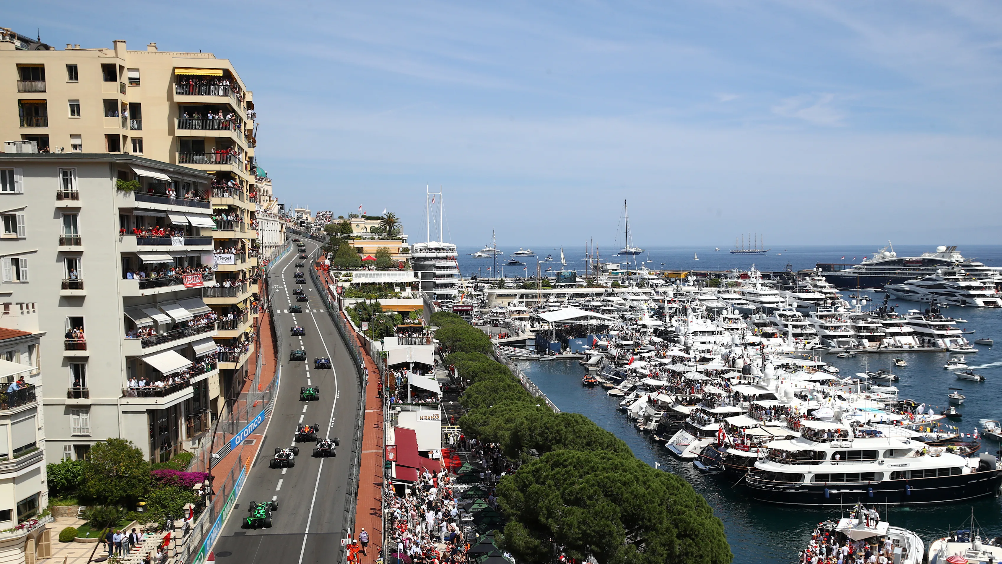 MONTE-CARLO, MONACO - MAY 26: A general view over the harbour as the field round turn one during