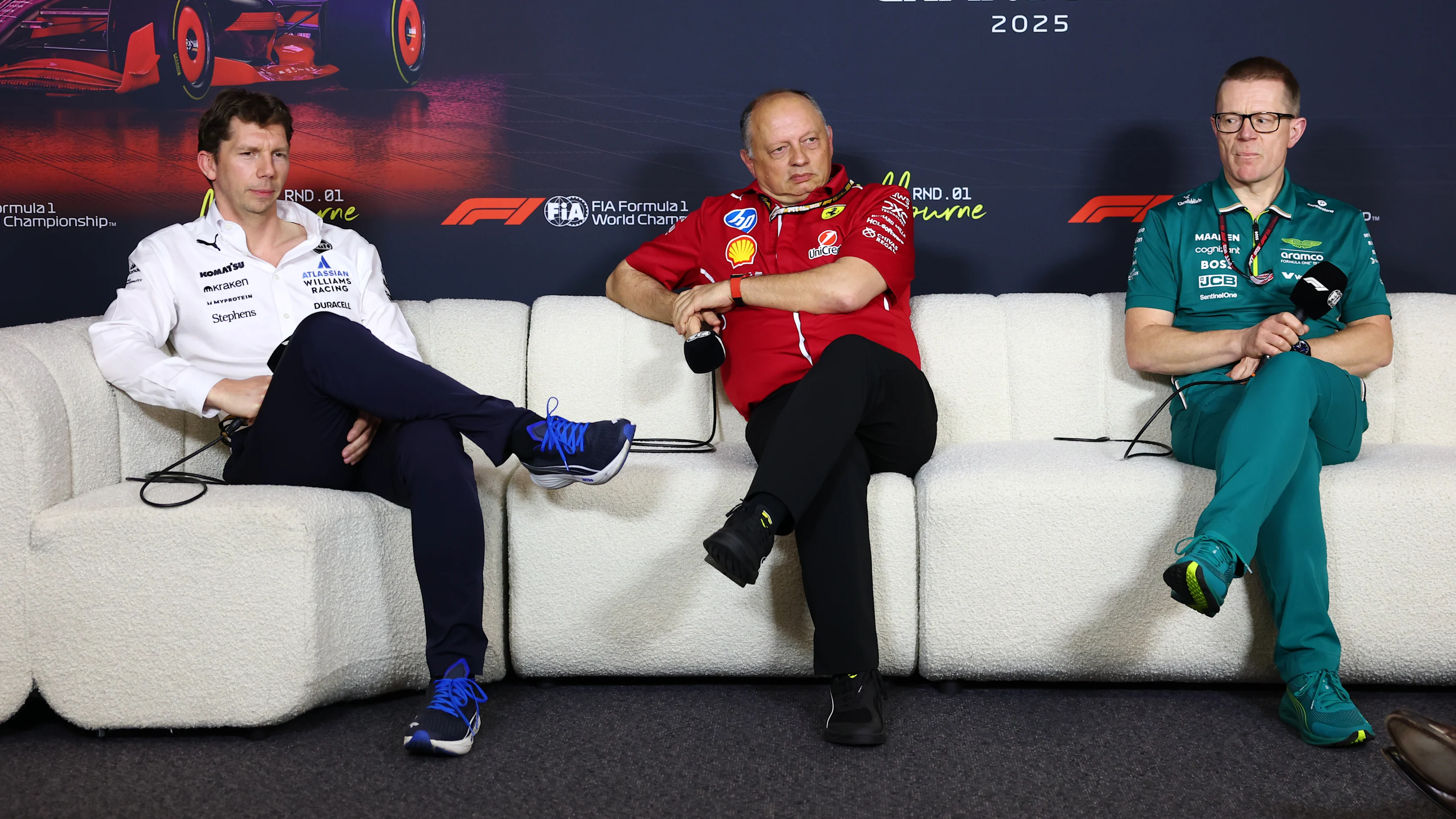 MELBOURNE, AUSTRALIA - MARCH 14: James Vowles, Team Principal of Williams, Frederic Vasseur, Team