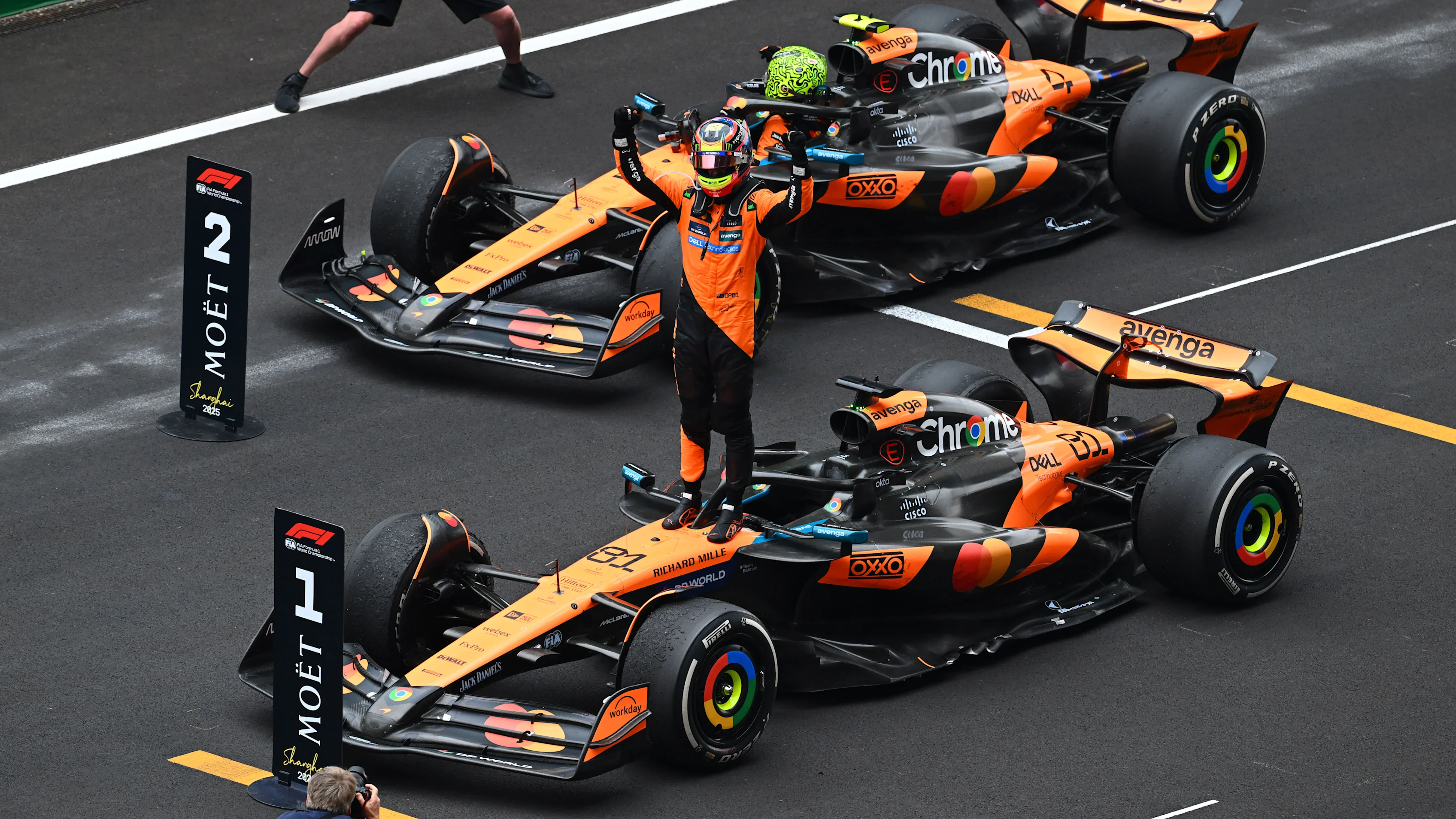 SHANGHAI, CHINA - MARCH 23: Race winner Oscar Piastri of Australia and McLaren celebrates on