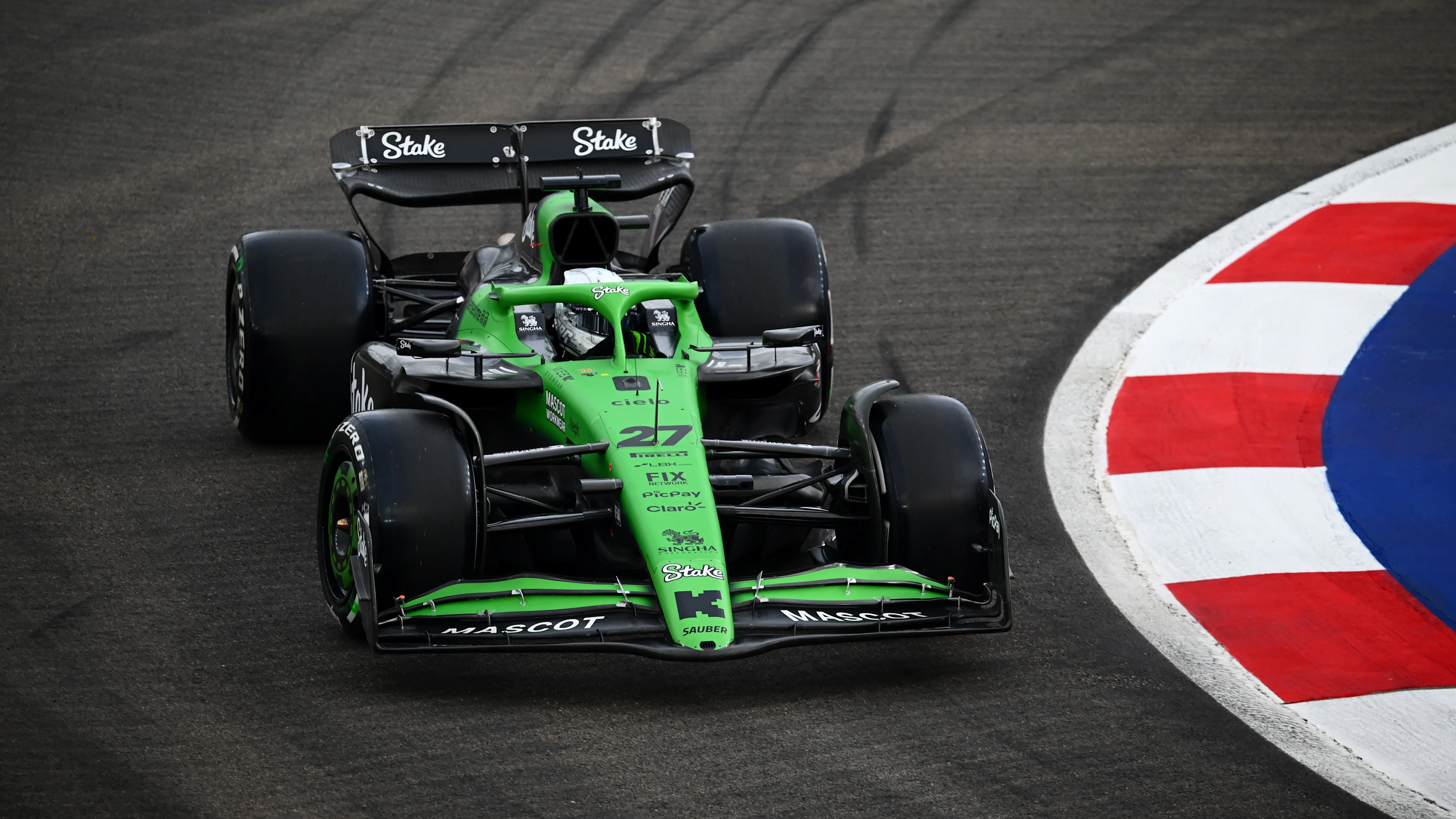SINGAPORE, SINGAPORE - OCTOBER 03: Nico Hulkenberg of Germany driving the (27) Kick Sauber C45 Ferrari on track during practice ahead of the F1 Grand Prix of Singapore at Marina Bay Street Circuit on October 03, 2025 in Singapore, Singapore. (Photo by Clive Mason/Getty Images)