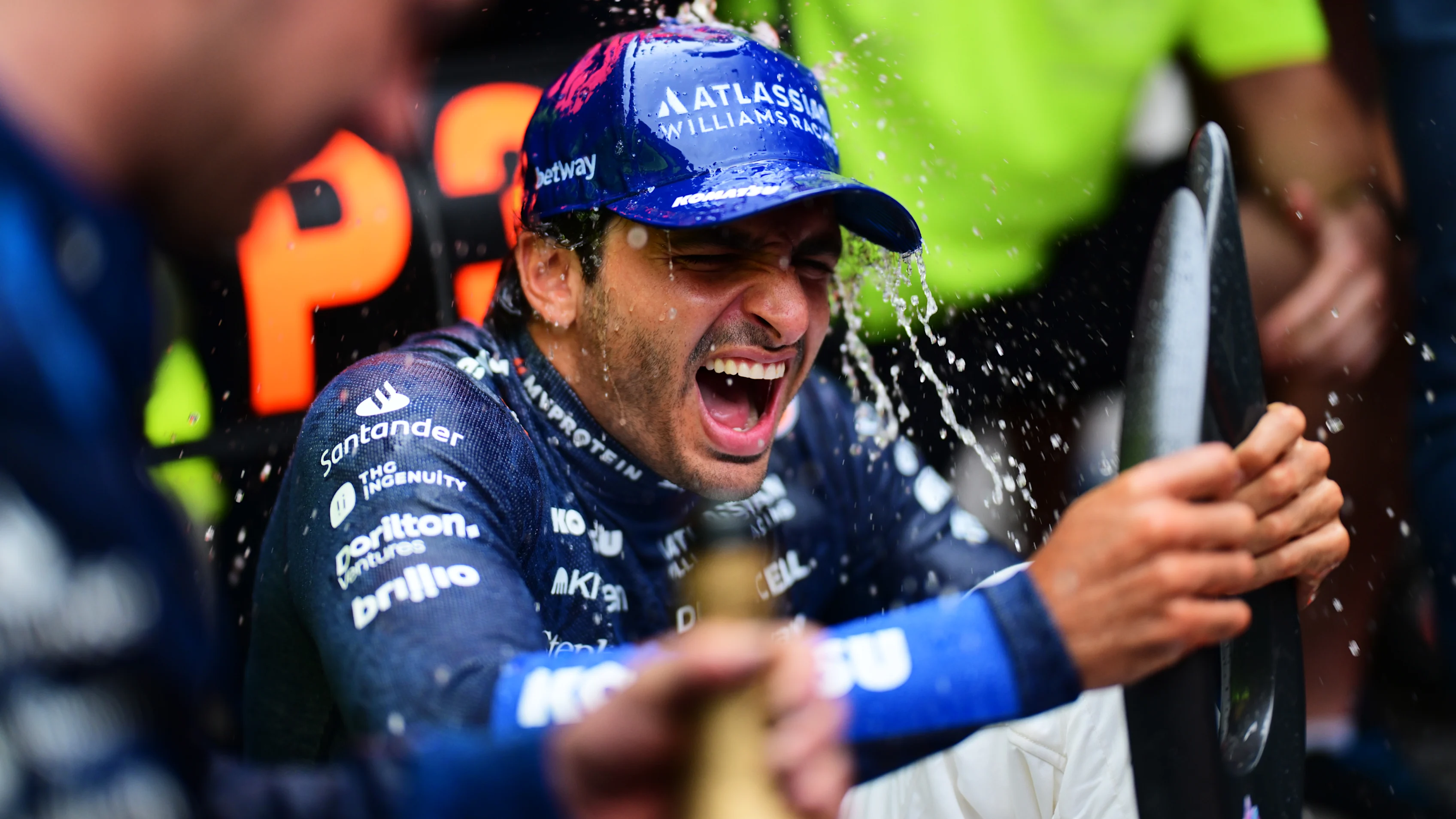 BAKU, AZERBAIJAN - SEPTEMBER 21: Third placed Carlos Sainz of Spain and Williams celebrates with