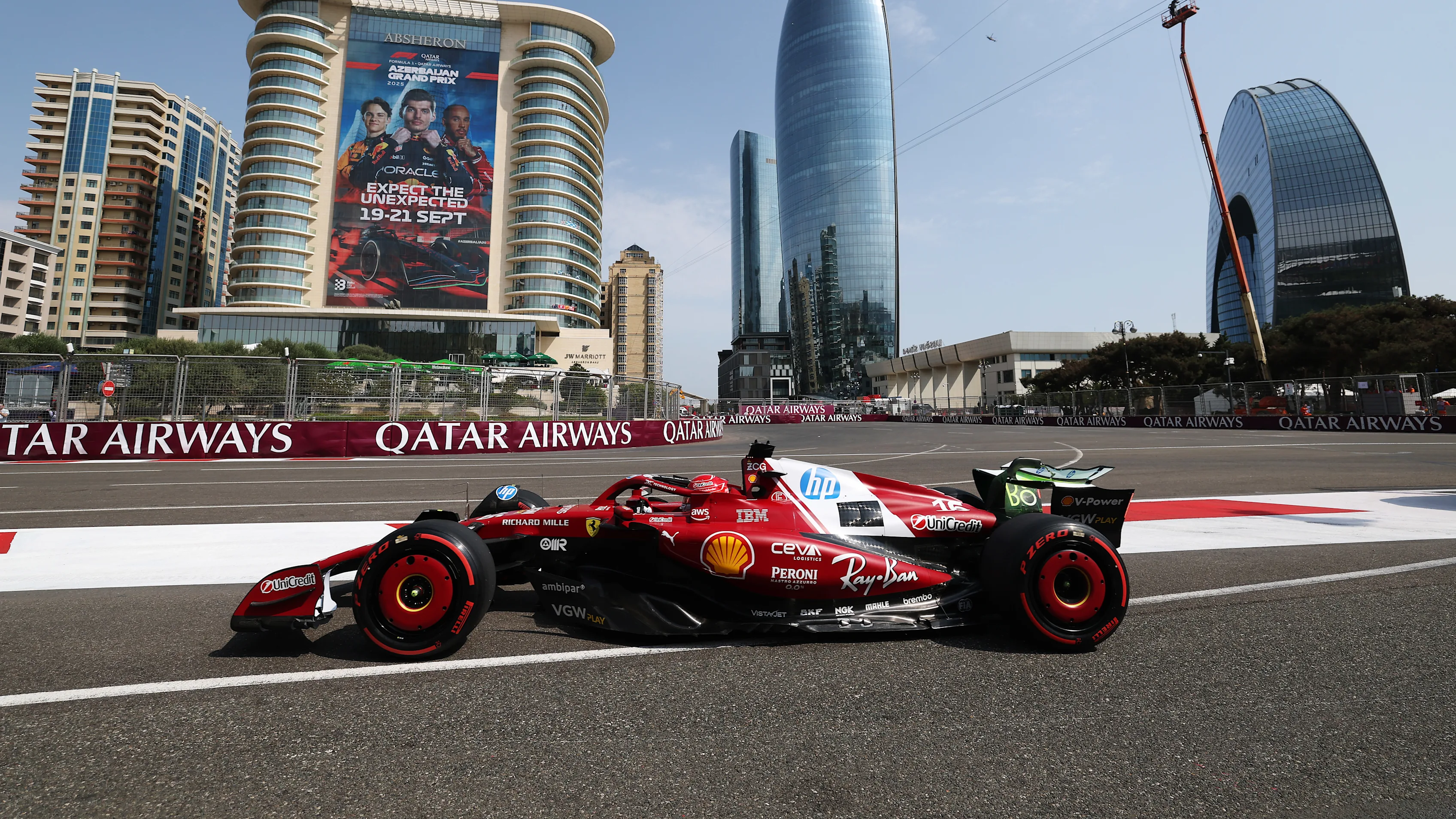 BAKU, AZERBAIJAN - SEPTEMBER 19: Charles Leclerc of Monaco driving the (16) Scuderia Ferrari SF-25 on track during practice ahead of the F1 Grand Prix of Azerbaijan at Baku City Circuit on September 19, 2025 in Baku, Azerbaijan. (Photo by Mark Thompson/Getty Images)