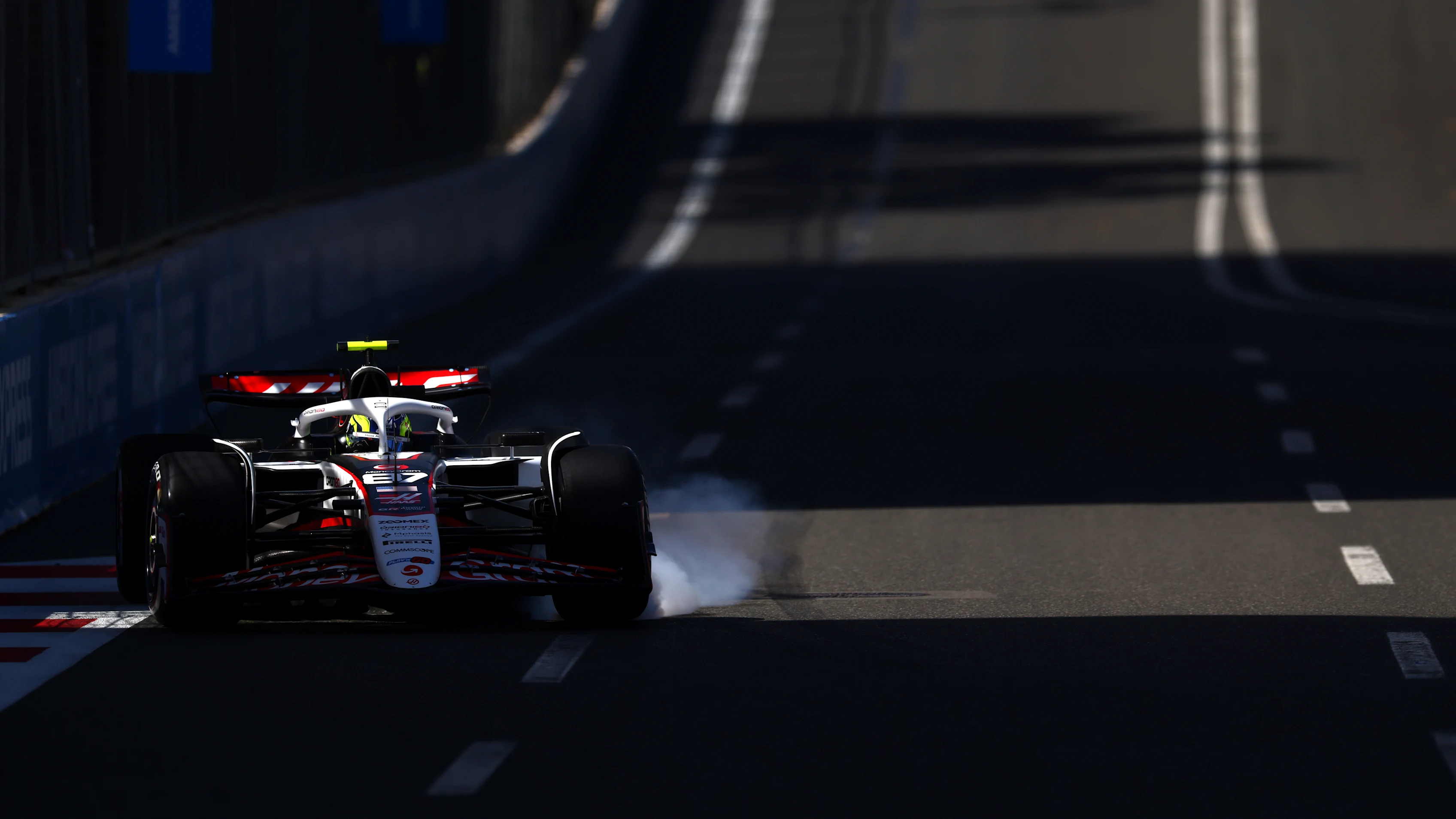 BAKU, AZERBAIJAN - SEPTEMBER 20: Oliver Bearman of Great Britain driving the (87) Haas F1 VF-25 Ferrari on track during final practice ahead of the F1 Grand Prix of Azerbaijan at Baku City Circuit on September 20, 2025 in Baku, Azerbaijan. (Photo by Bryn Lennon - Formula 1/Formula 1 via Getty Images)