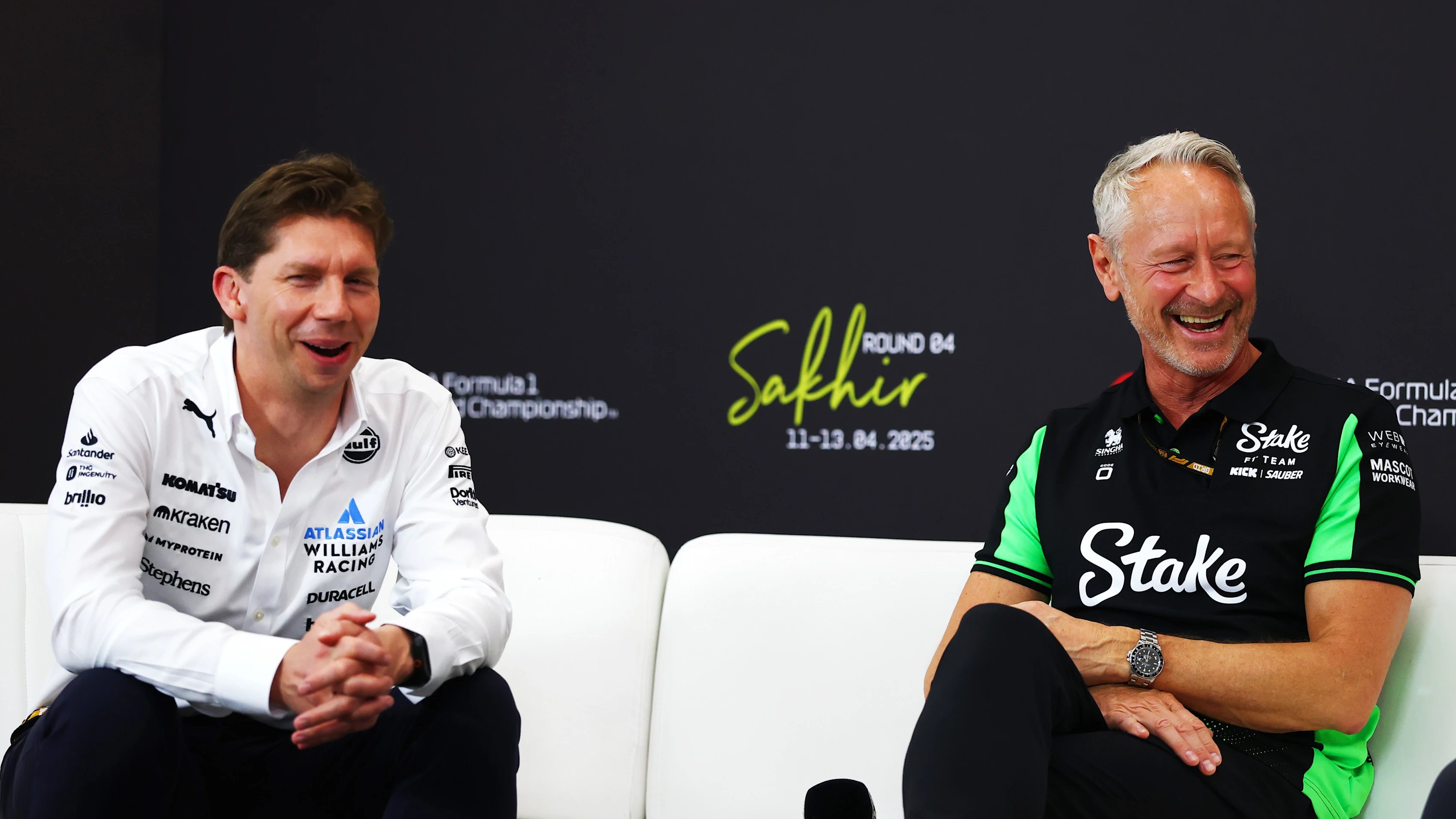 BAHRAIN, BAHRAIN - APRIL 11: James Vowles, Team Principal of Williams and Jonathan Wheatley, Team