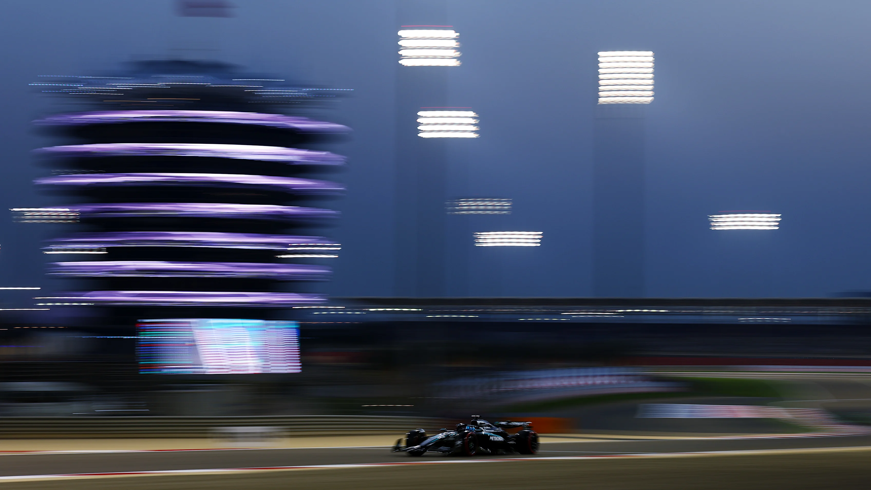 BAHRAIN, BAHRAIN - APRIL 11: George Russell of Great Britain driving the (63) Mercedes AMG Petronas F1 Team W16 on track during practice ahead of the F1 Grand Prix of Bahrain at Bahrain International Circuit on April 11, 2025 in Bahrain, Bahrain. (Photo by Bryn Lennon - Formula 1/Formula 1 via Getty Images)