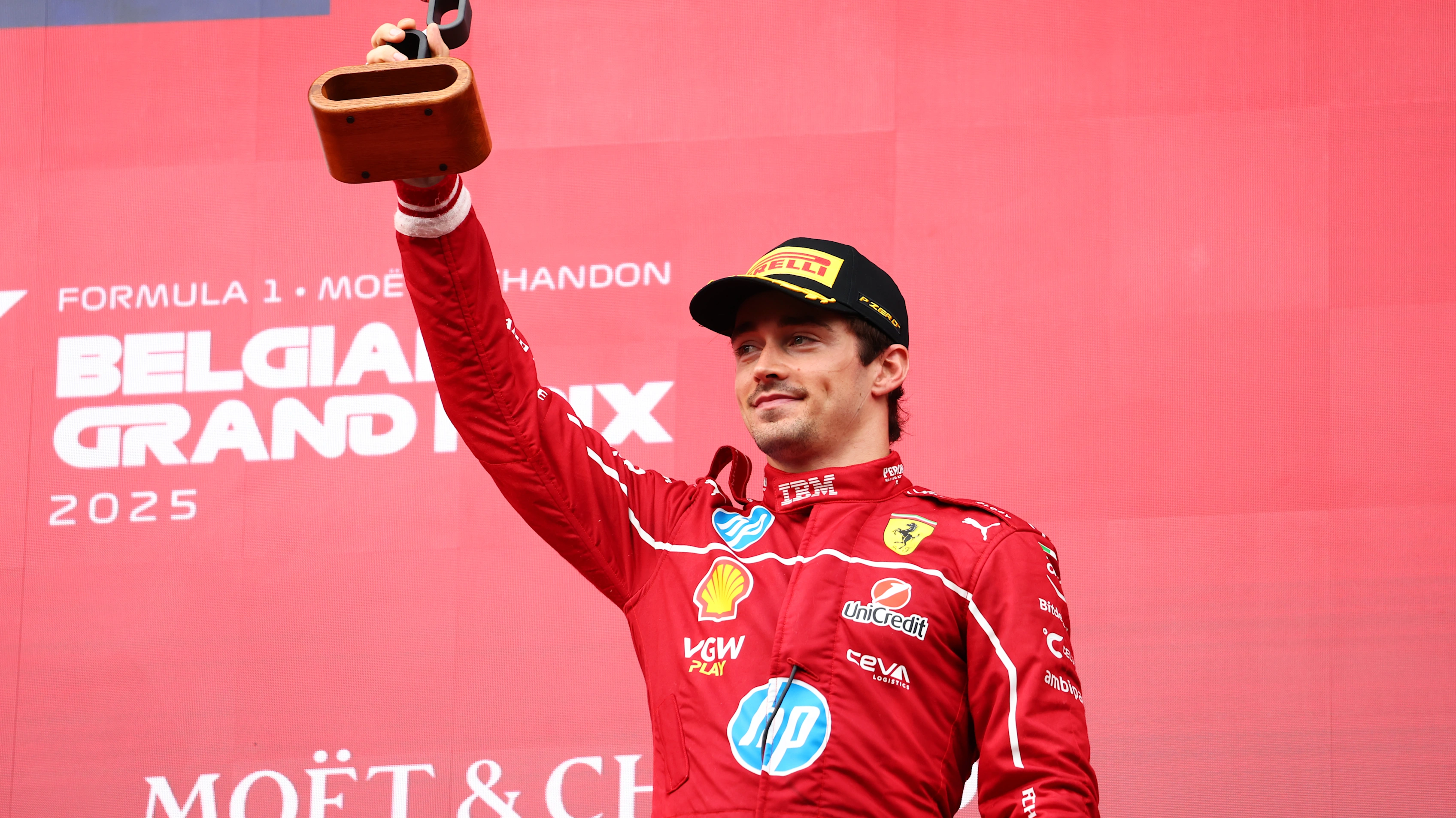 SPA, BELGIUM - JULY 27: Third placed Charles Leclerc of Monaco and Scuderia Ferrari celebrates on