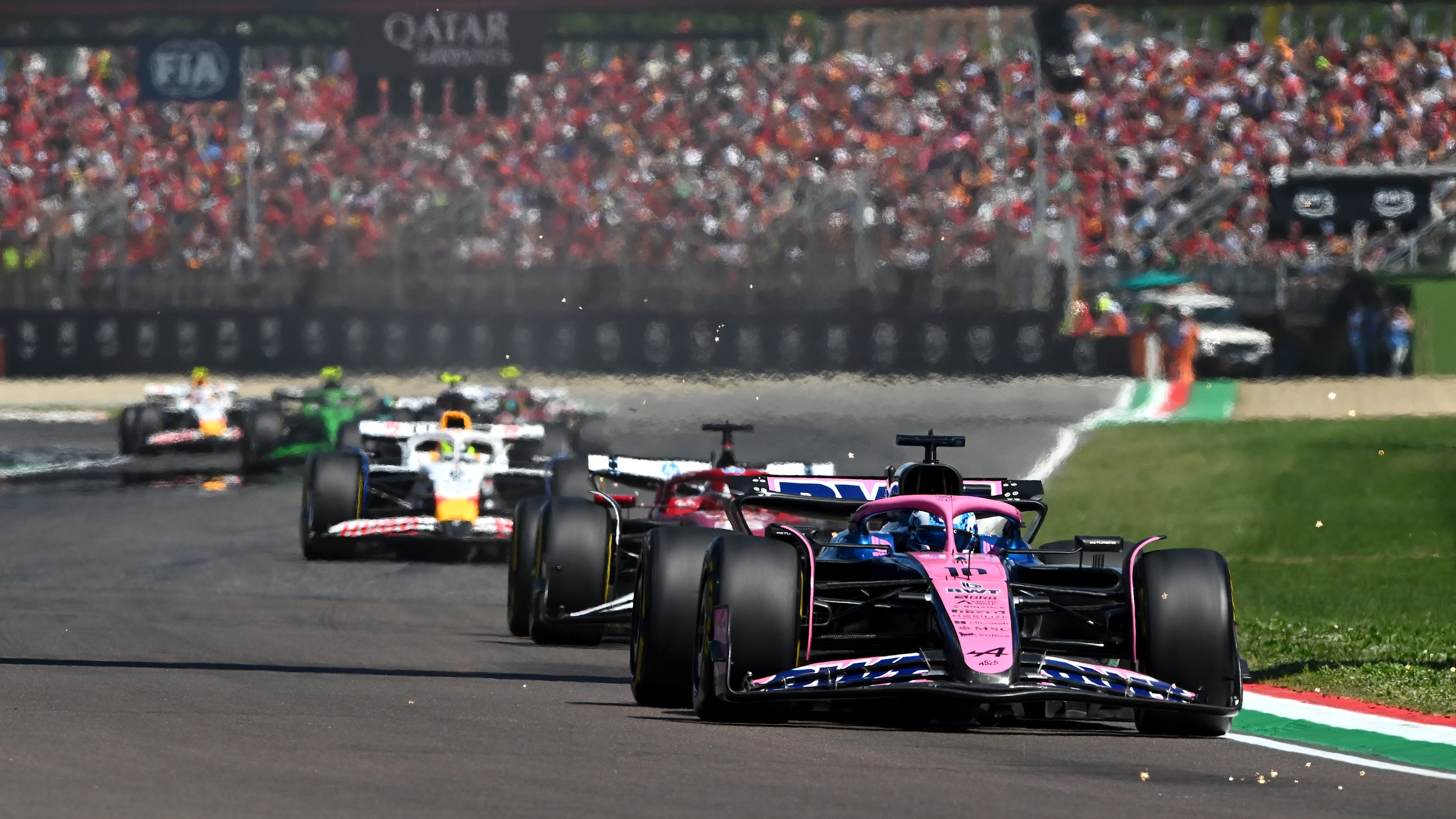 IMOLA, ITALY - MAY 18: Pierre Gasly of France driving the (10) Alpine F1 A525 Renault leads Charles Leclerc of Monaco driving the (16) Scuderia Ferrari SF-25 and Isack Hadjar of France driving the (6) Visa Cash App Racing Bulls VCARB 02 on track during the F1 Grand Prix of Emilia-Romagna at Autodromo Internazionale Enzo e Dino Ferrari on May 18, 2025 in Imola, Italy. (Photo by Rudy Carezzevoli/Getty Images)
