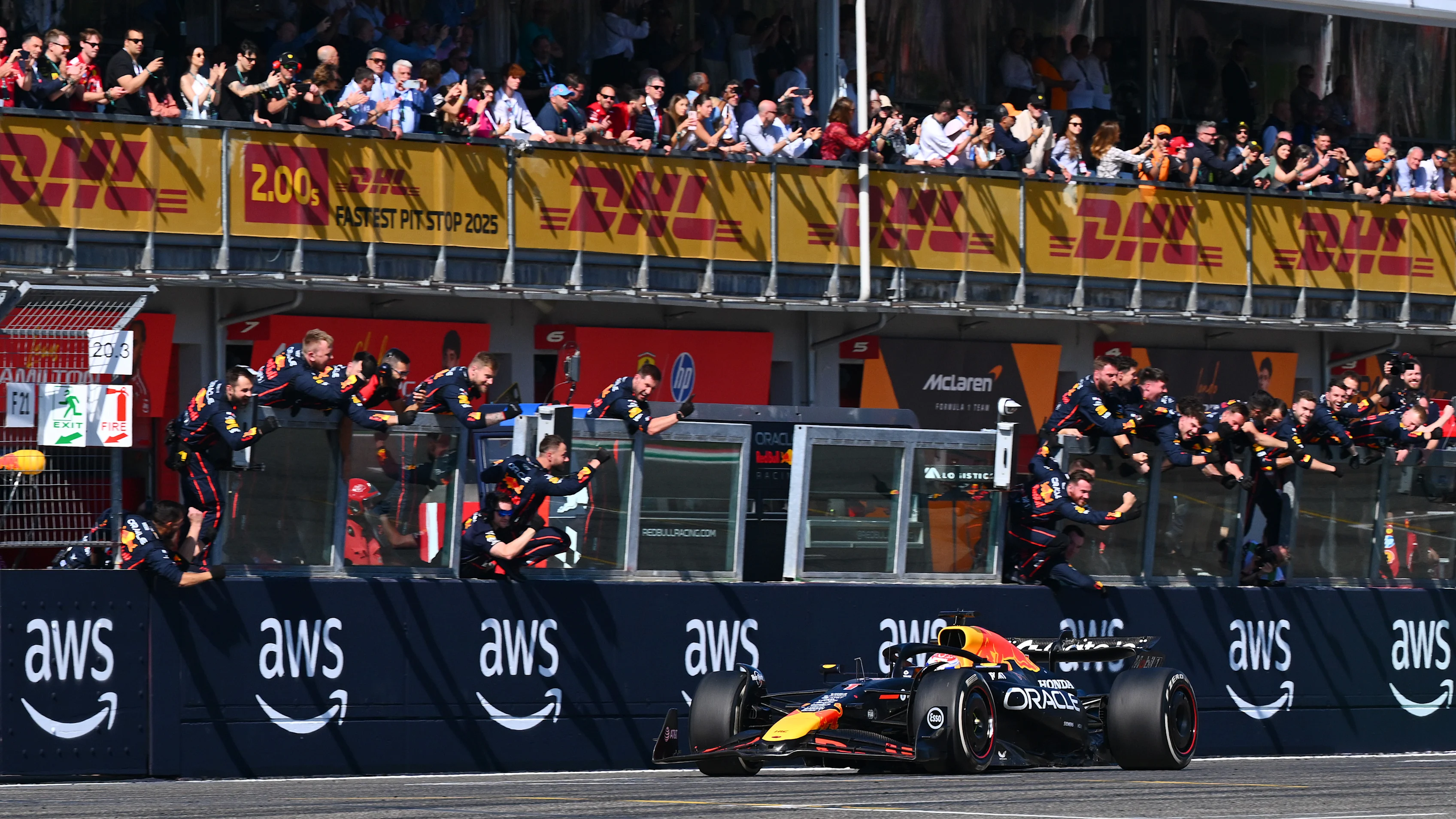 IMOLA, ITALY - MAY 18: Race winner Max Verstappen of the Netherlands driving the (1) Oracle Red