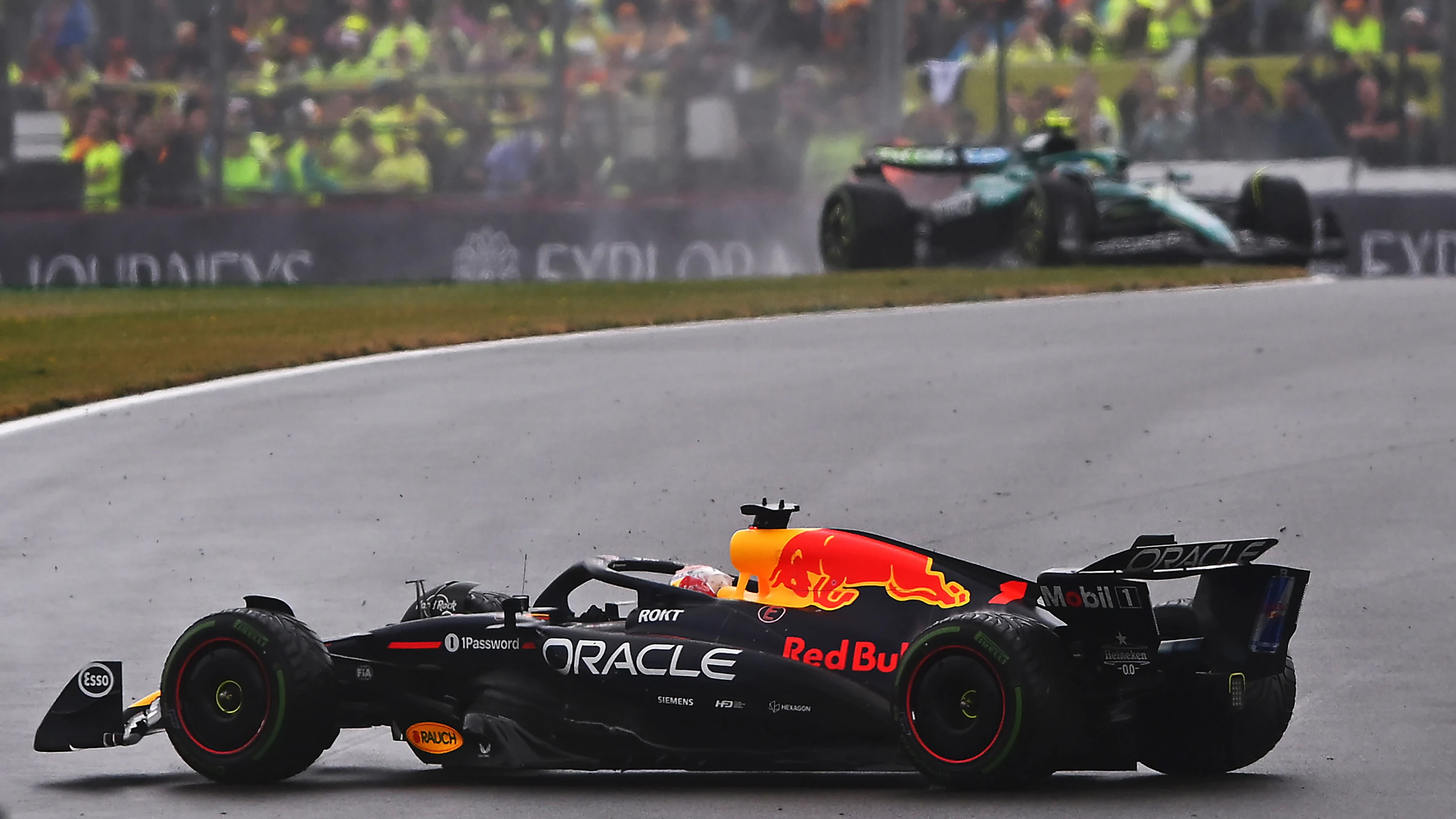 NORTHAMPTON, ENGLAND - JULY 06: Max Verstappen of the Netherlands driving the (1) Oracle Red Bull Racing RB21 spins at the restart during the F1 Grand Prix of Great Britain at Silverstone Circuit on July 06, 2025 in Northampton, England. (Photo by Rudy Carezzevoli/Getty Images)