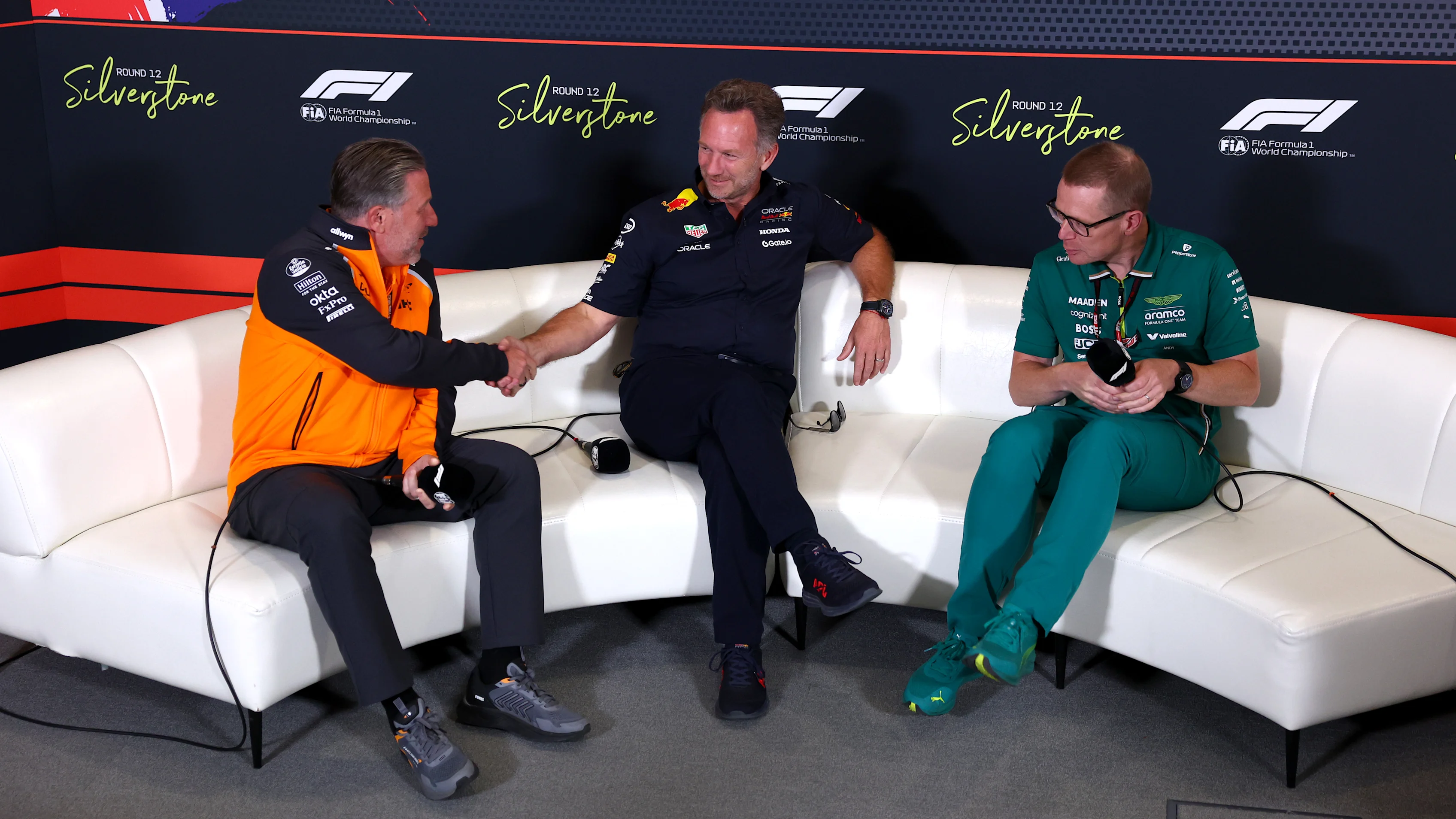 NORTHAMPTON, ENGLAND - JULY 04: Zak Brown, Chief Executive Officer of McLaren Christian Horner,