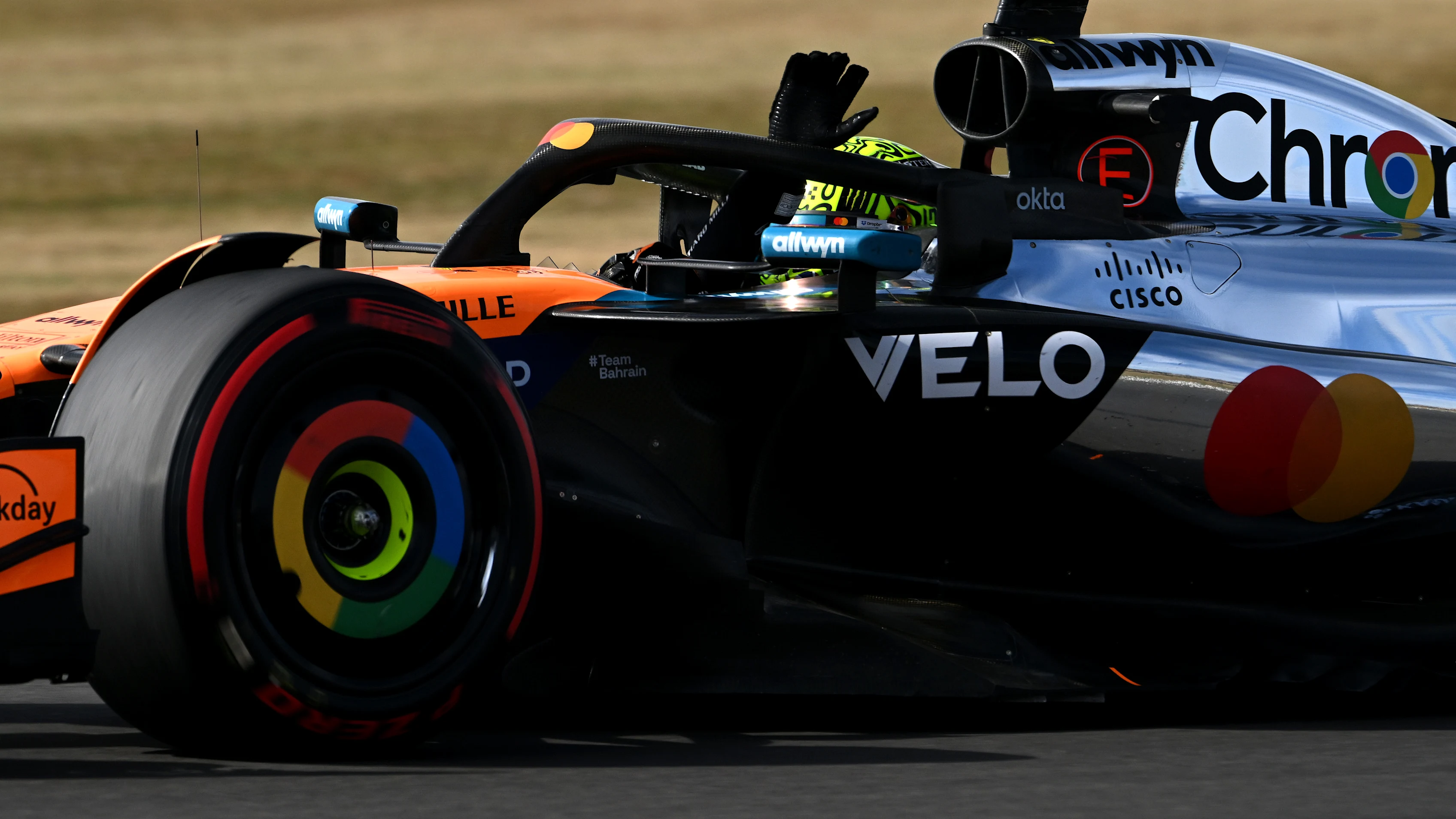 NORTHAMPTON, ENGLAND - JULY 04: Lando Norris of Great Britain driving the (4) McLaren MCL39 Mercedes waves to the crowd during practice ahead of the F1 Grand Prix of Great Britain at Silverstone Circuit on July 04, 2025 in Northampton, England. (Photo by Mark Sutton - Formula 1/Formula 1 via Getty Images)