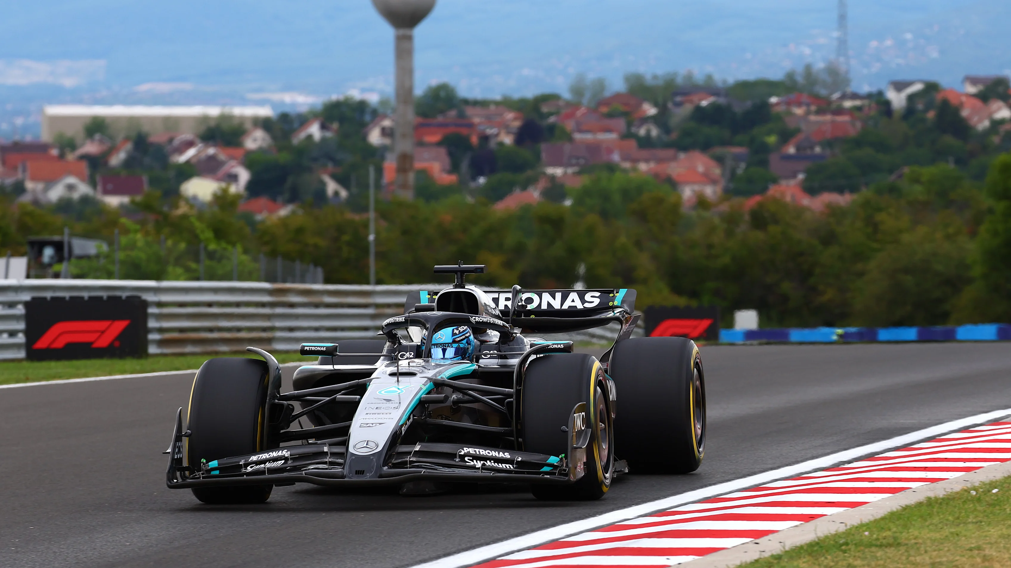 BUDAPEST, HUNGARY - AUGUST 03: George Russell of Great Britain driving the (63) Mercedes AMG