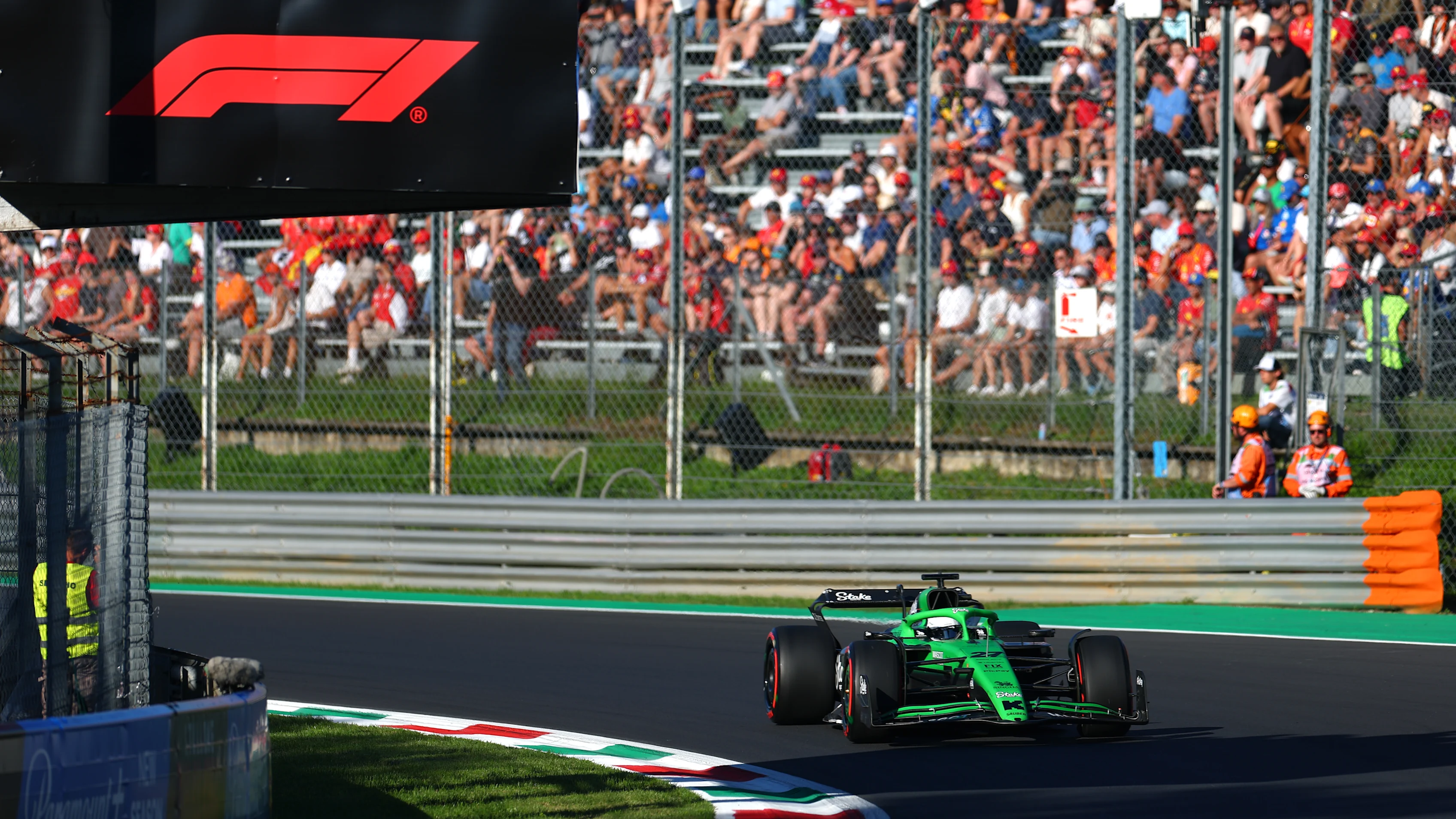 MONZA, ITALY - SEPTEMBER 05: Nico Hulkenberg of Germany driving the (27) Kick Sauber C45 Ferrari on track during practice ahead of the F1 Grand Prix of Italy at Autodromo Nazionale Monza on September 05, 2025 in Monza, Italy. (Photo by Bryn Lennon - Formula 1/Formula 1 via Getty Images)