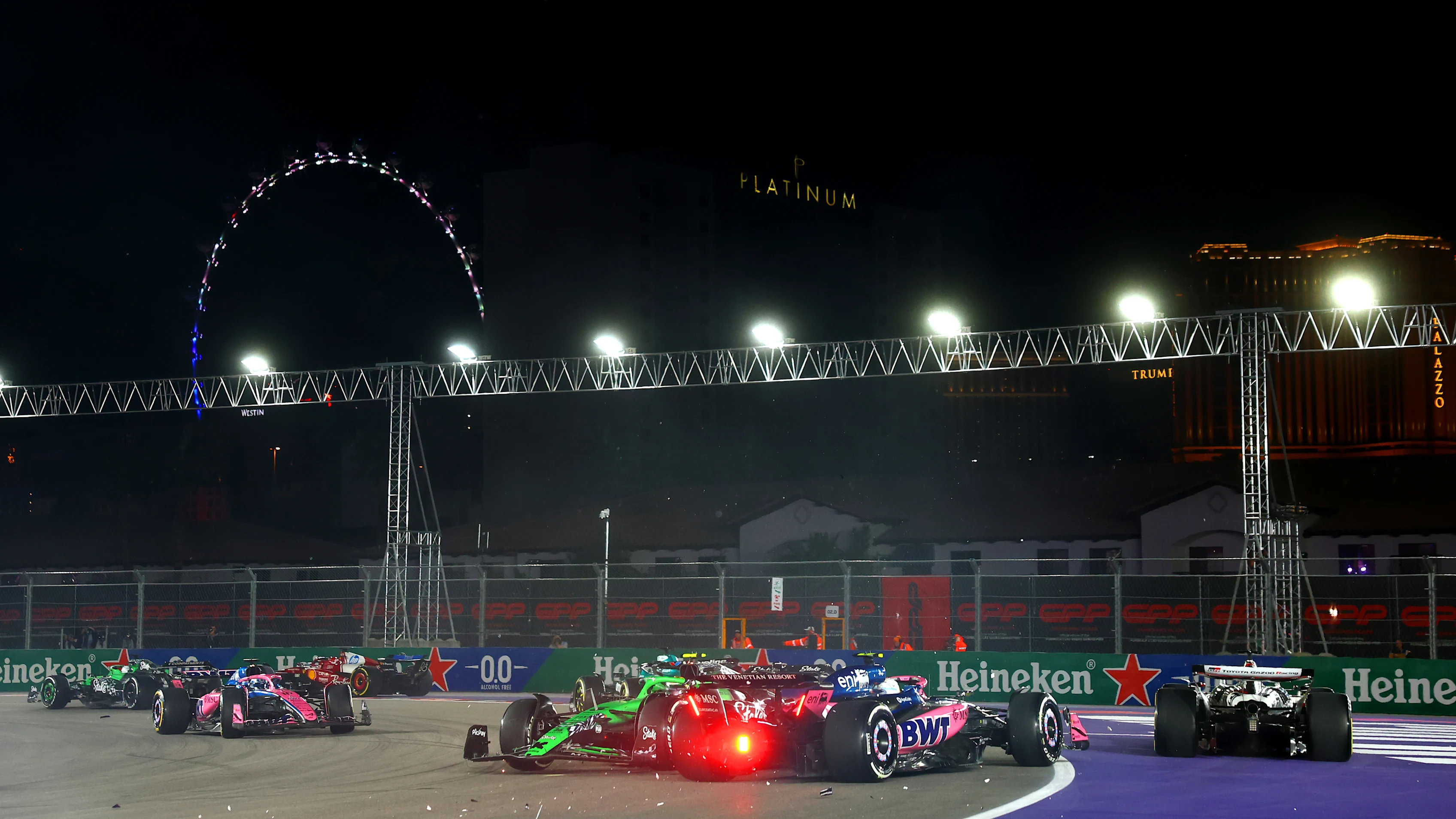 LAS VEGAS, NEVADA - NOVEMBER 22: Pierre Gasly of France driving the (10) Alpine F1 A525 Renault and Gabriel Bortoleto of Brazil driving the (5) Kick Sauber C45 Ferrari spin at the start during the F1 Grand Prix of Las Vegas at Las Vegas Strip Circuit on November 22, 2025 in Las Vegas, Nevada. (Photo by Bryn Lennon - Formula 1/Formula 1 via Getty Images)