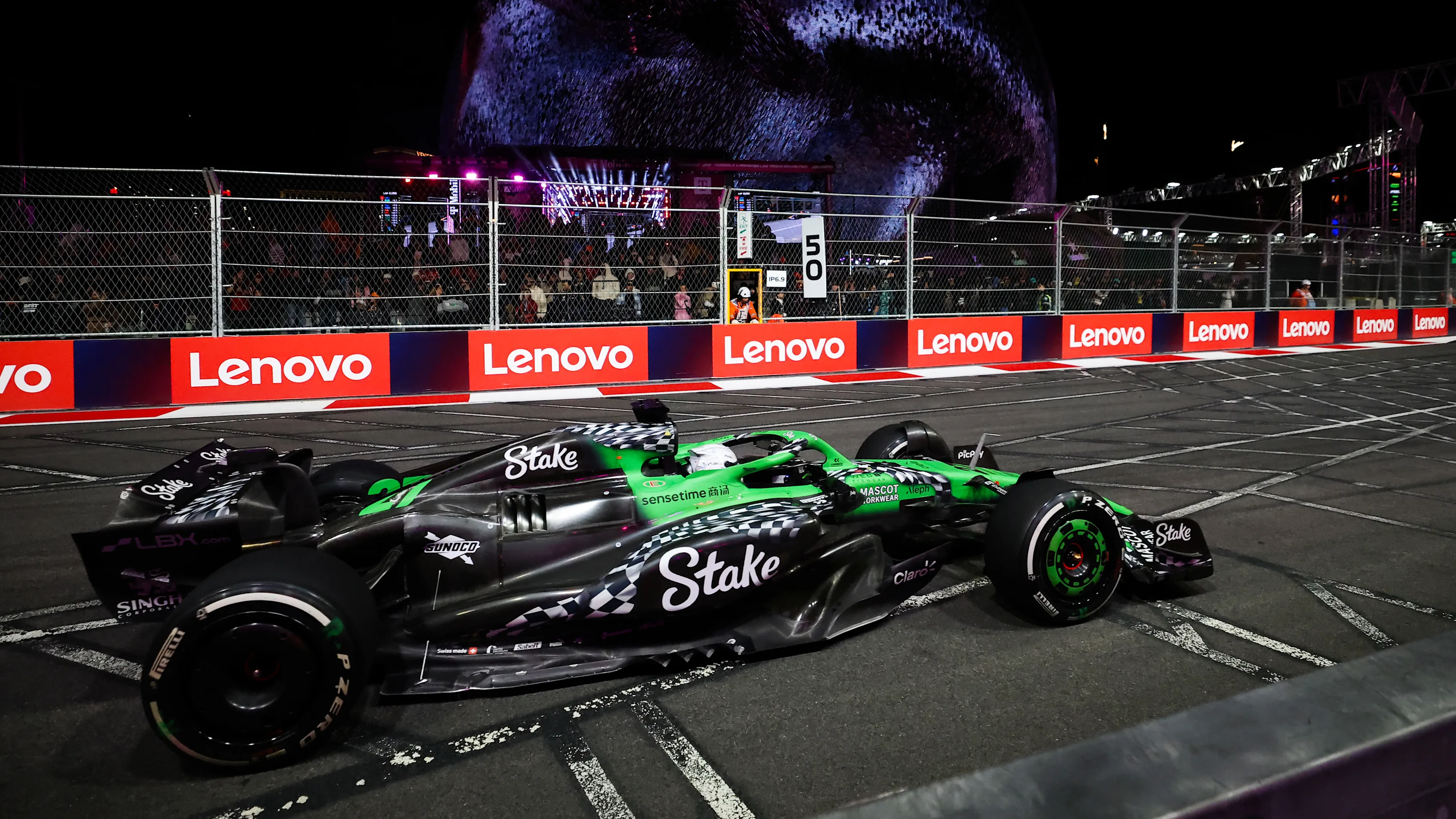 LAS VEGAS, NEVADA - NOVEMBER 22: Nico Hulkenberg of Germany driving the (27) Kick Sauber C45 Ferrari on track during the F1 Grand Prix of Las Vegas at Las Vegas Strip Circuit on November 22, 2025 in Las Vegas, Nevada. (Photo by Hector Vivas/Getty Images)