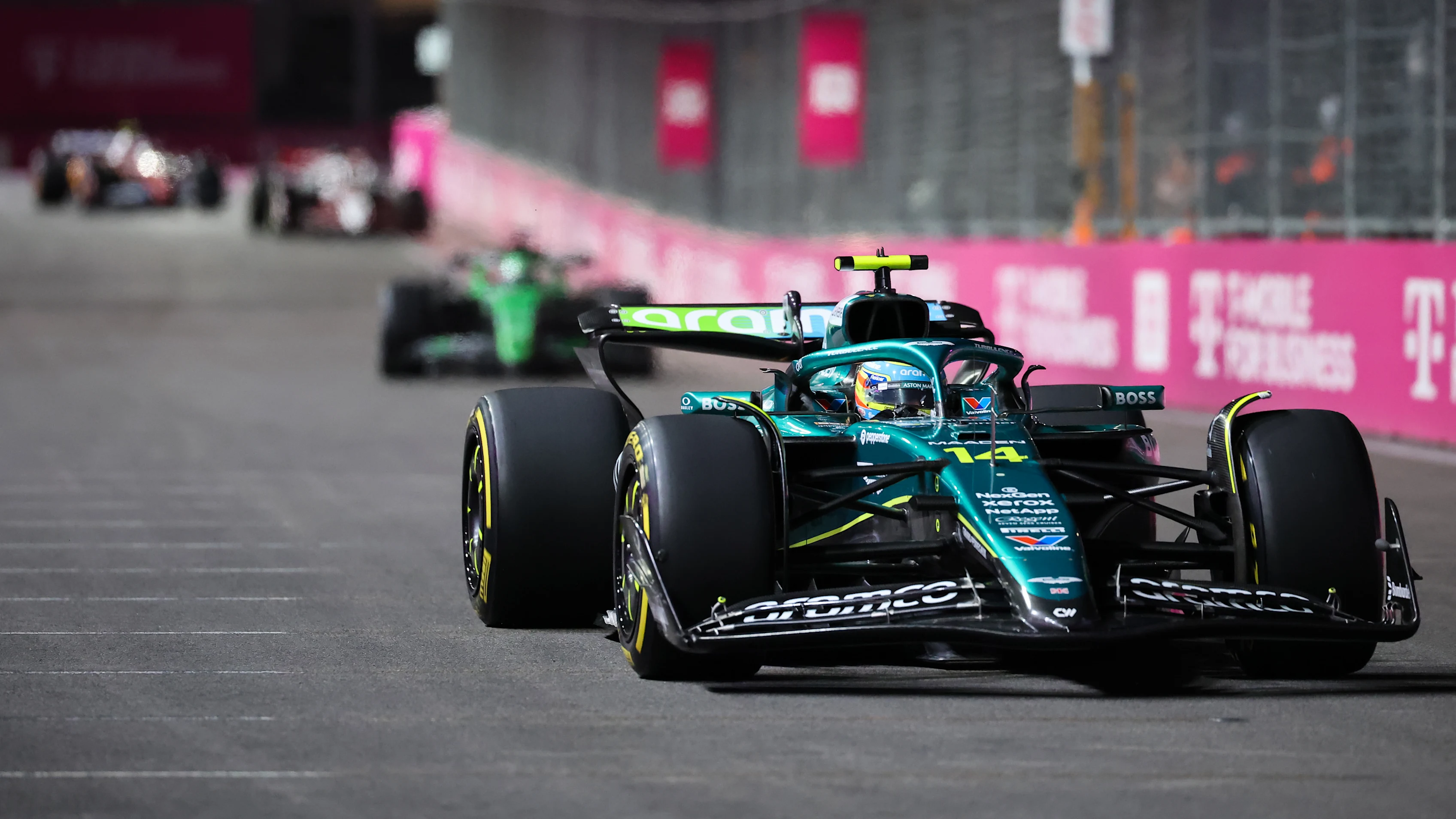 LAS VEGAS, NEVADA - NOVEMBER 22: Fernando Alonso of Spain driving the (14) Aston Martin F1 Team AMR25 Mercedes on track during the F1 Grand Prix of Las Vegas at Las Vegas Strip Circuit on November 22, 2025 in Las Vegas, Nevada. (Photo by Hector Vivas/Getty Images)
