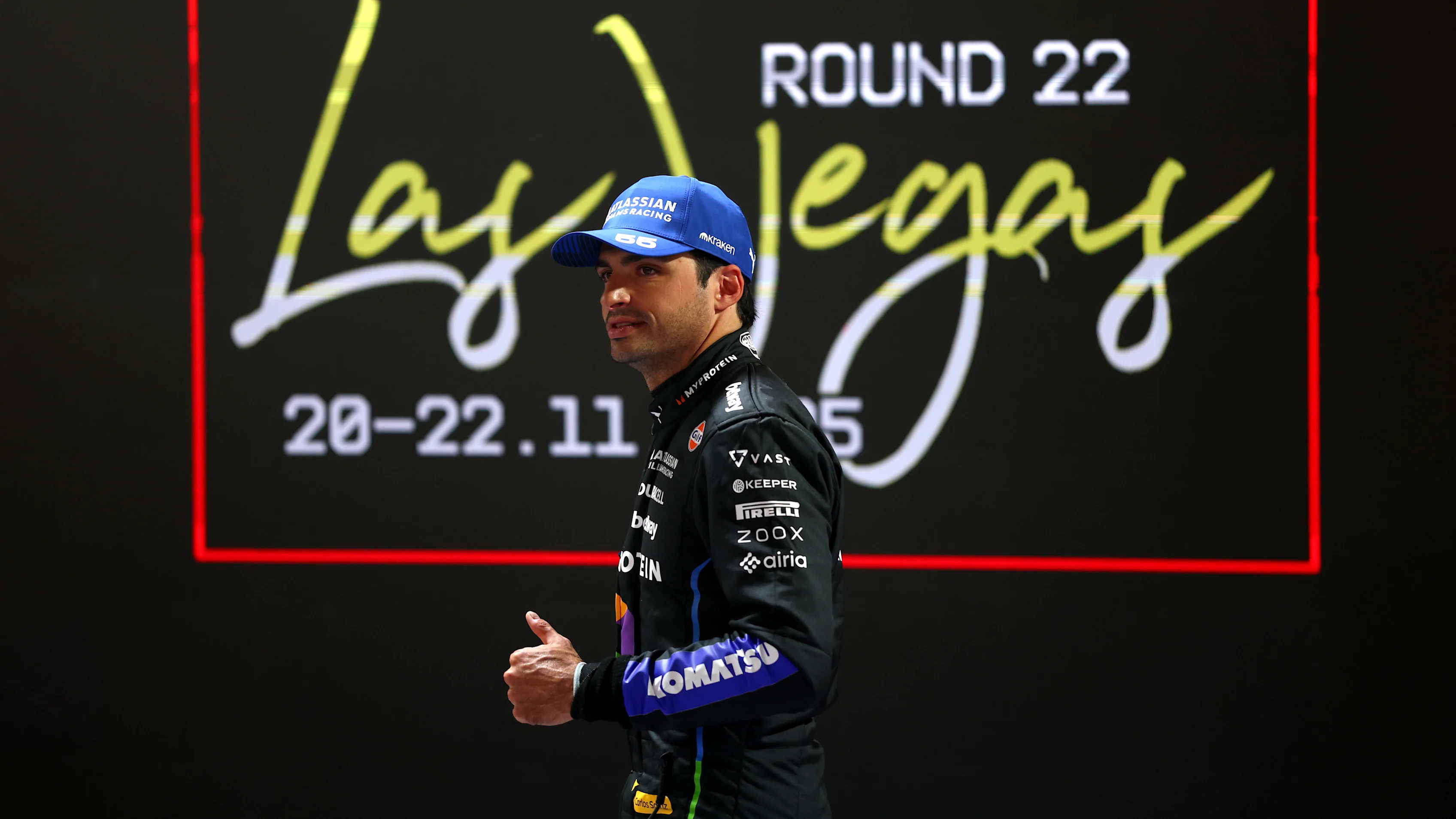 LAS VEGAS, NEVADA - NOVEMBER 21: Third placed qualifier Carlos Sainz of Spain and Williams gives a thumbs up in parc ferme during qualifying ahead of the F1 Grand Prix of Las Vegas at Las Vegas Strip Circuit on November 21, 2025 in Las Vegas, Nevada. (Photo by Mark Thompson/Getty Images)