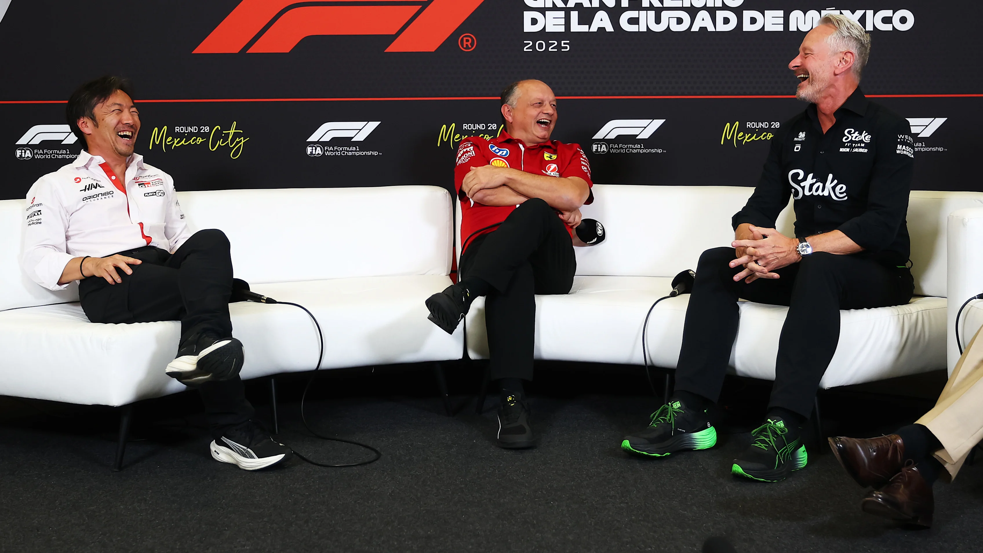 MEXICO CITY, MEXICO - OCTOBER 24: Ayao Komatsu, Team Principal of Haas F1 Frederic Vasseur, Team