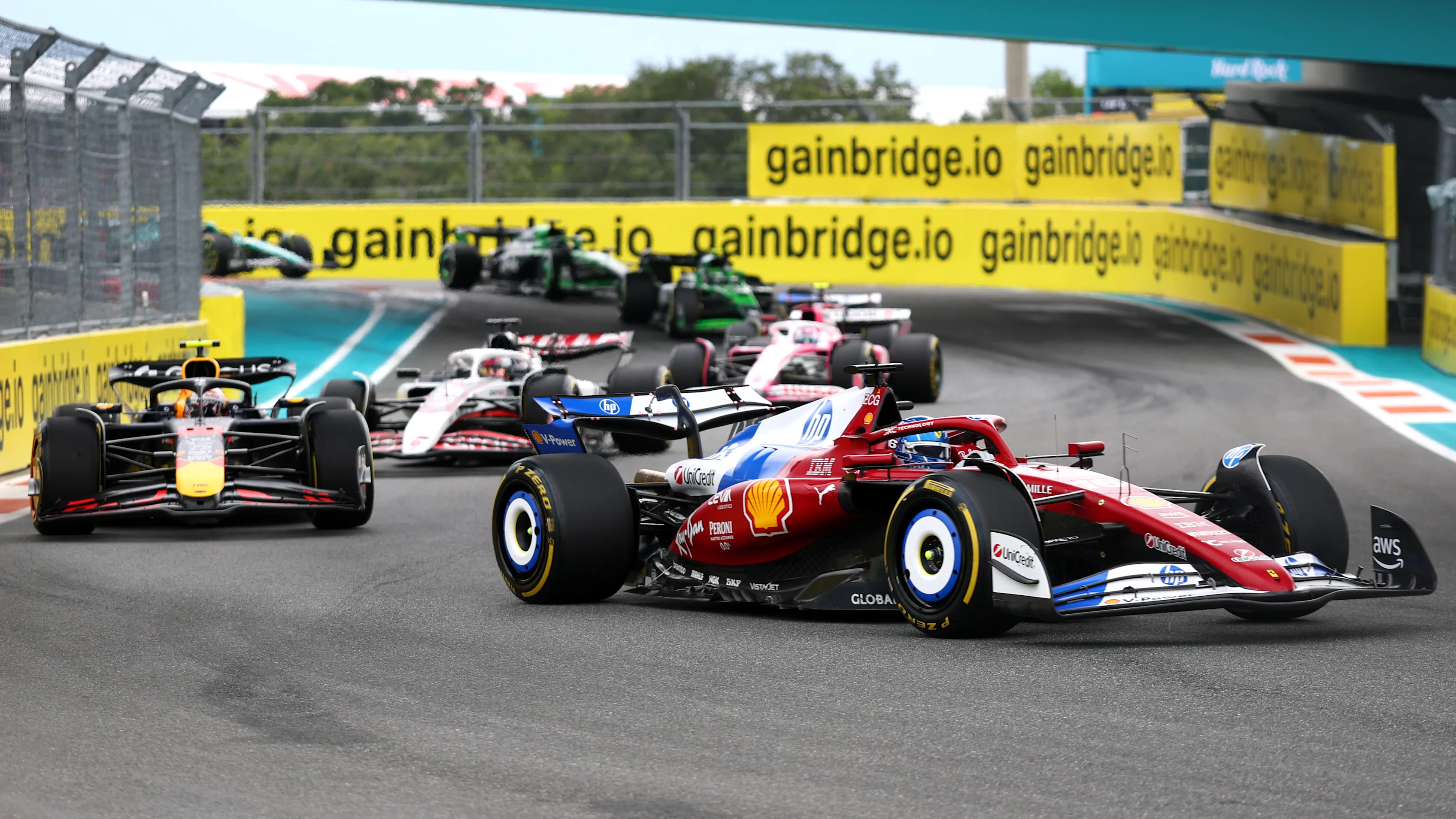 MIAMI, FLORIDA - MAY 04: Charles Leclerc of Monaco driving the (16) Scuderia Ferrari SF-25 leads