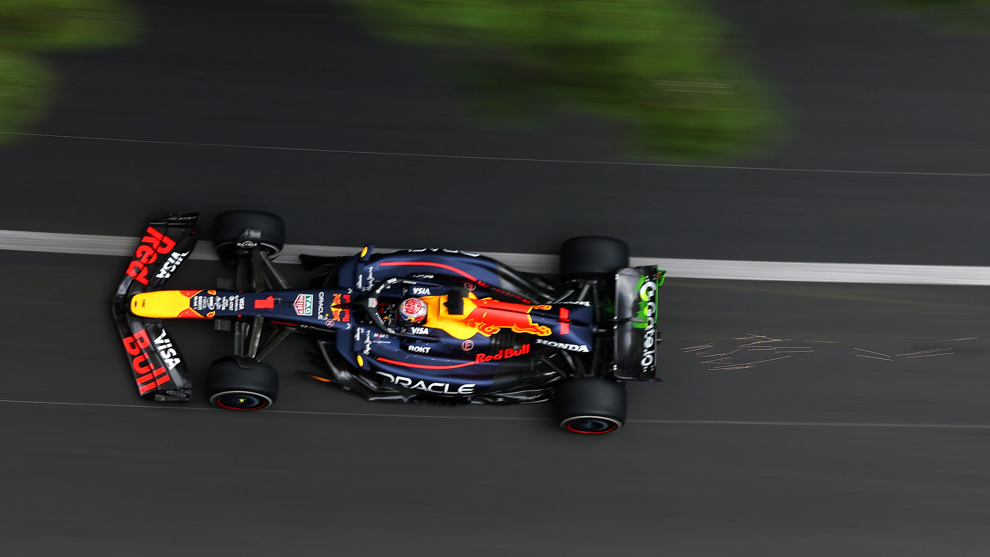 MONTE-CARLO, MONACO - MAY 23: Sparks fly behind Max Verstappen of the Netherlands driving the (1)