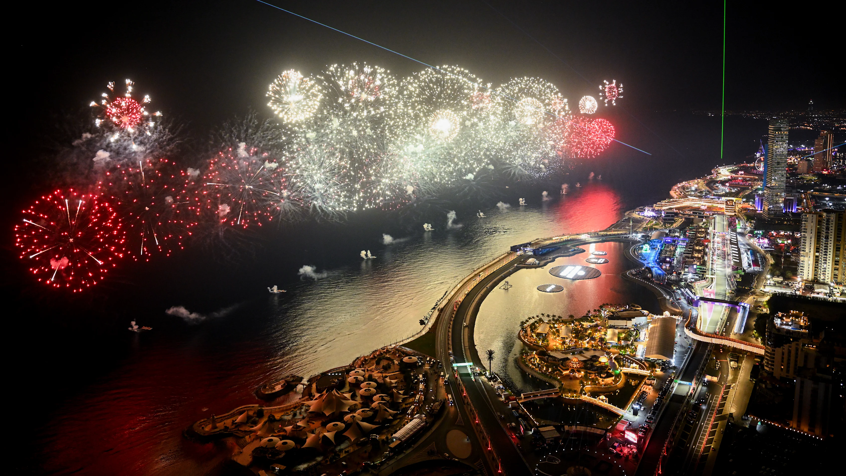 JEDDAH, SAUDI ARABIA - APRIL 20: Fireworks light the sk during the F1 Grand Prix of Saudi Arabia at