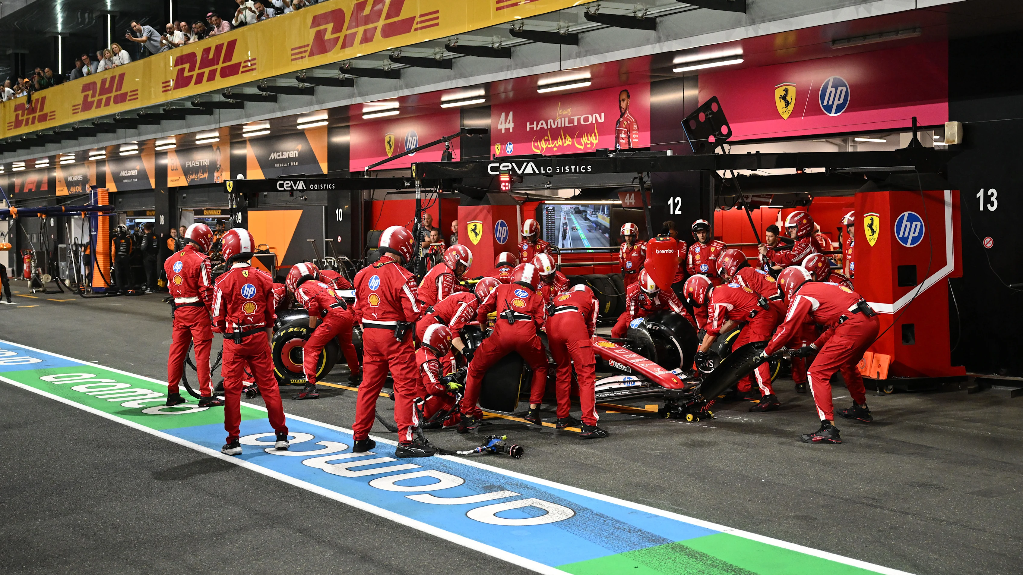 SPIELBERG, AUSTRIA - JULY 12: The Scuderia Ferrari team practice pitstops before the Formula One Grand Prix of Styria at Red Bull Ring on July 12, 2020 in Spielberg, Austria. (Photo by Joe Klamar/Pool via Getty Images)