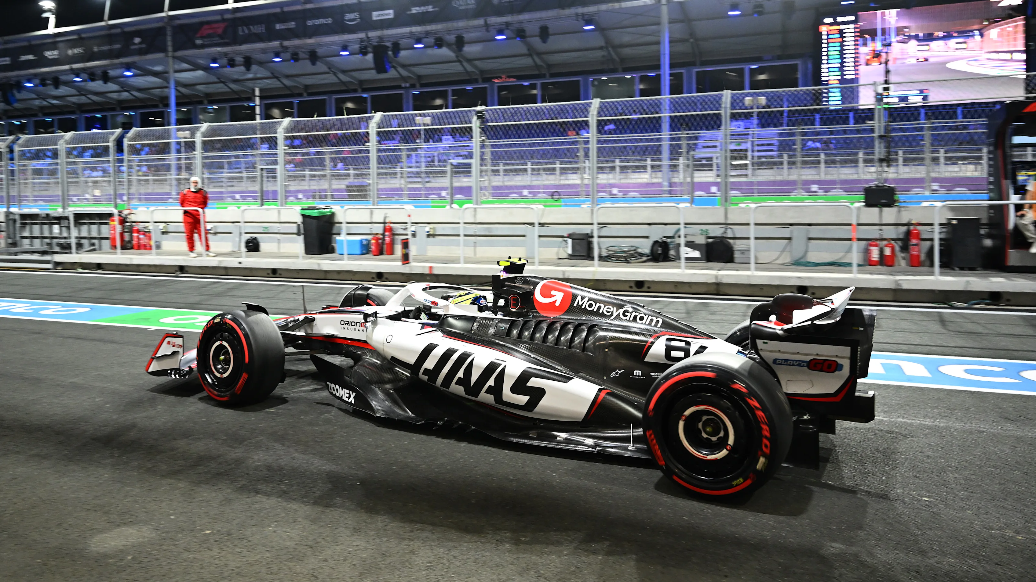 JEDDAH, SAUDI ARABIA - APRIL 19: Oliver Bearman of Great Britain driving the (87) Haas F1 VF-25 Ferrari in the Pitlane during qualifying ahead of the F1 Grand Prix of Saudi Arabia at Jeddah Corniche Circuit on April 19, 2025 in Jeddah, Saudi Arabia. (Photo by Mark Sutton - Formula 1/Formula 1 via Getty Images)
