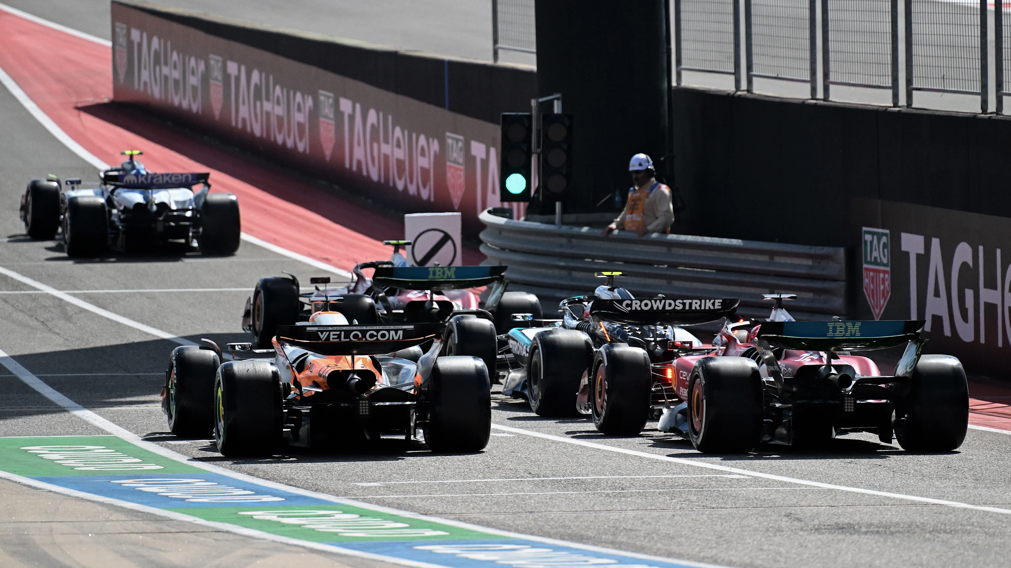 AUSTIN, TEXAS - OCTOBER 17: Carlos Sainz of Spain driving the (55) Williams FW47 Mercedes leads