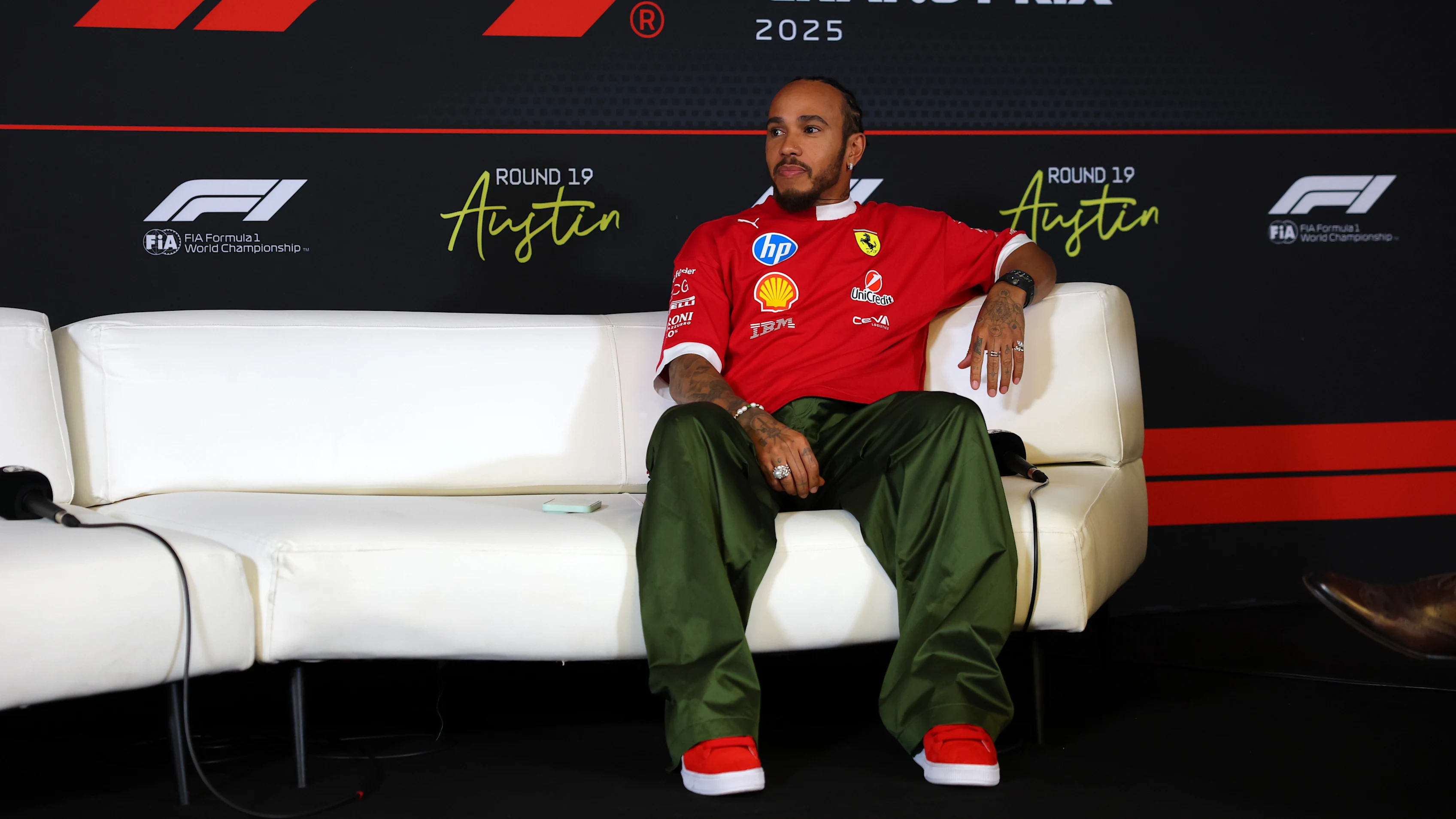 AUSTIN, TEXAS - OCTOBER 16: Lewis Hamilton of Great Britain and Scuderia Ferrari looks on in the Drivers Press Conference during previews ahead of the F1 Grand Prix of United States at Circuit of The Americas on October 16, 2025 in Austin, Texas. (Photo by Clive Rose/Getty Images)
