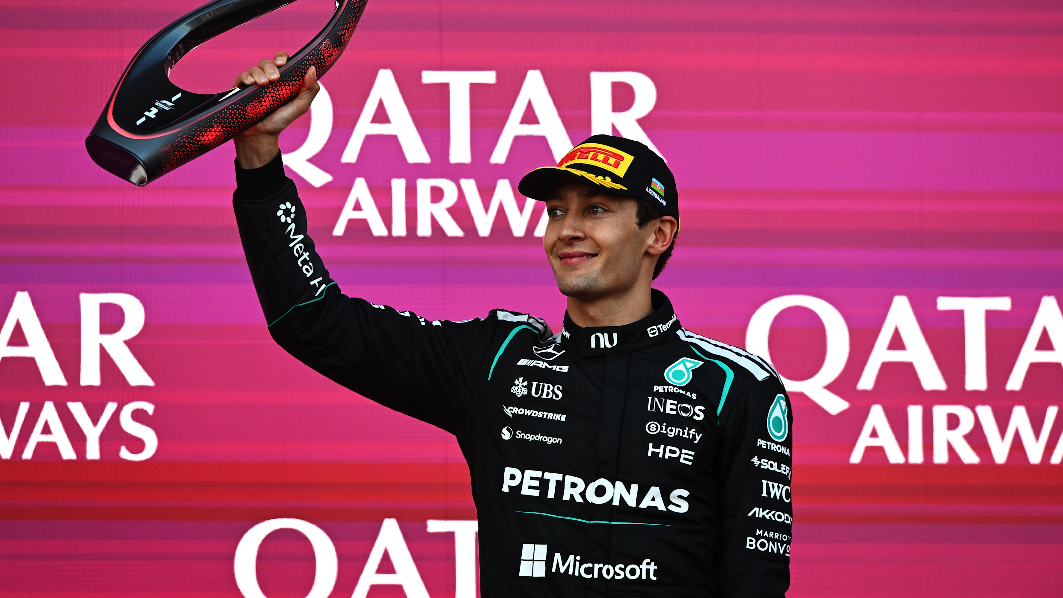 BAKU, AZERBAIJAN - SEPTEMBER 26: Race winner George Russell of Great Britain and Mercedes AMG