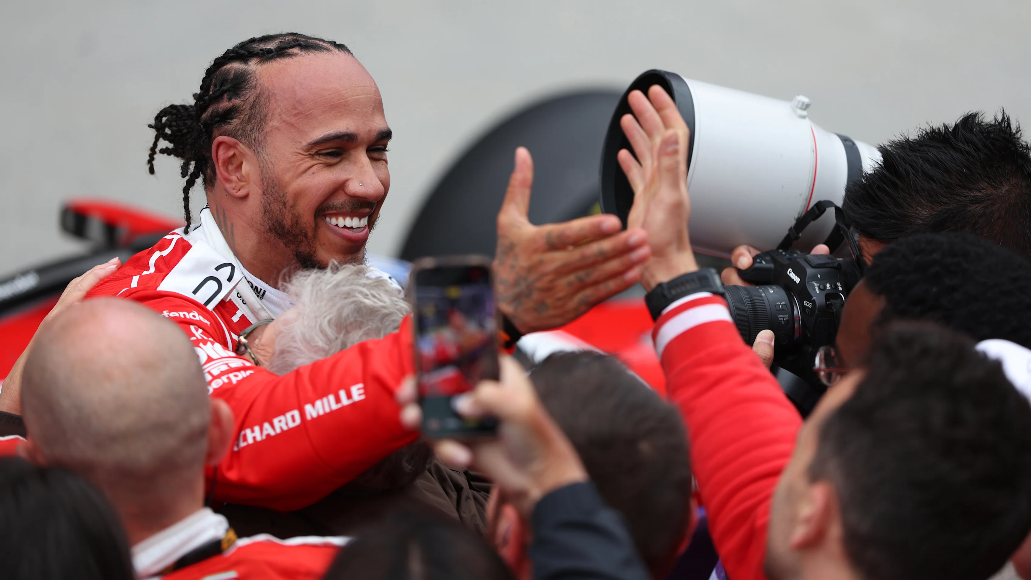 MONTREAL, QUEBEC - MAY 24: Second placed Lewis Hamilton of Great Britain and Scuderia Ferrari celebrates in parc ferme during the F1 Grand Prix of Canada at Circuit Gilles-Villeneuve on May 24, 2026 in Montreal, Quebec. (Photo by Peter Fox/Getty Images)