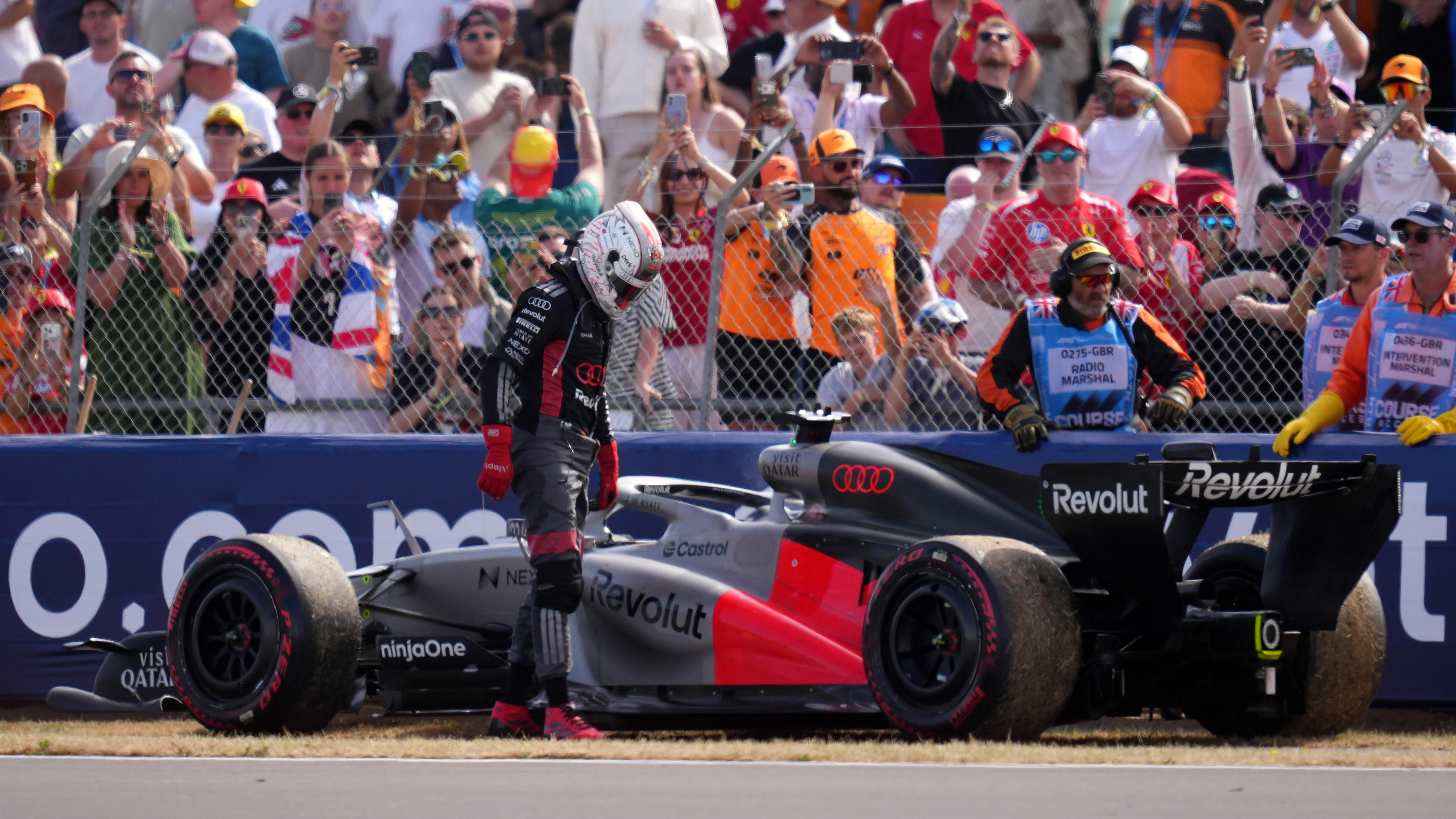 NORTHAMPTON, ENGLAND - JULY 05: Nico Hulkenberg of Germany and Audi F1 Team retires from the race